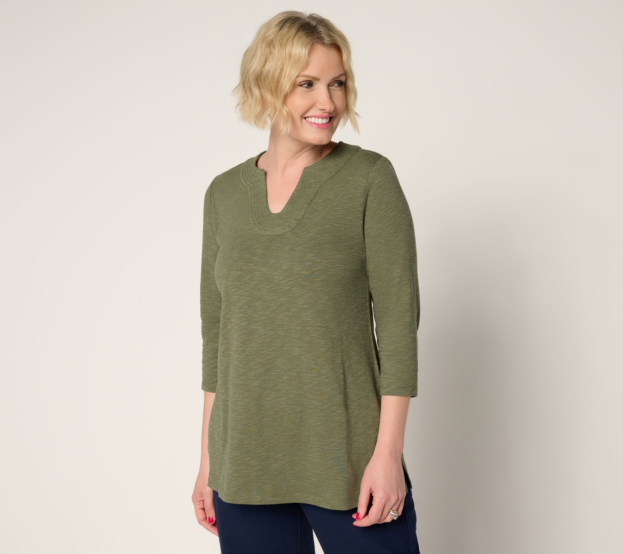 "As Is" Denim & Co. Regular Slub Jersey 3/4 Sleeve U-Neck Tunic