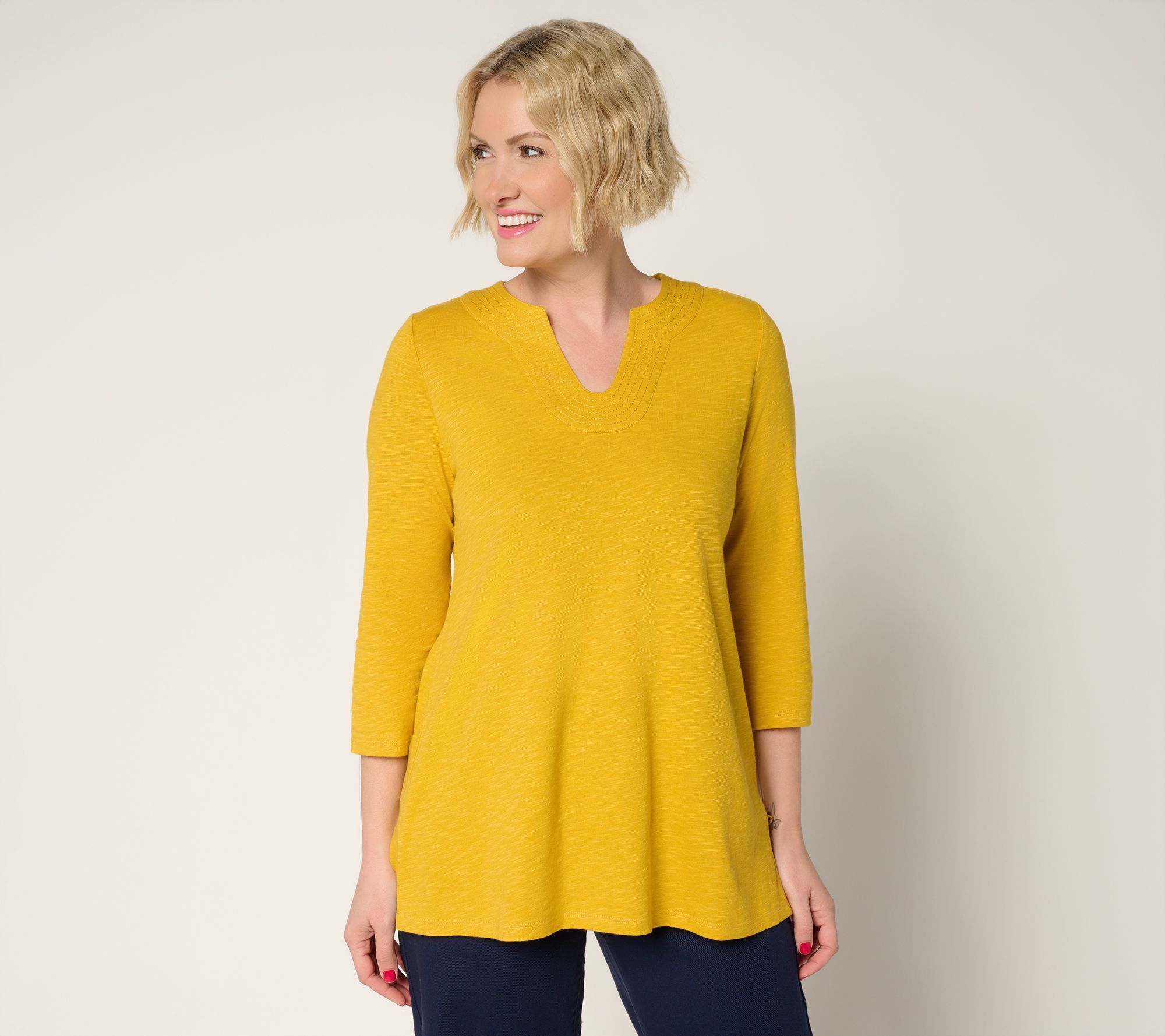 "As Is" Denim & Co. Regular Slub Jersey 3/4 Sleeve U-Neck Tunic