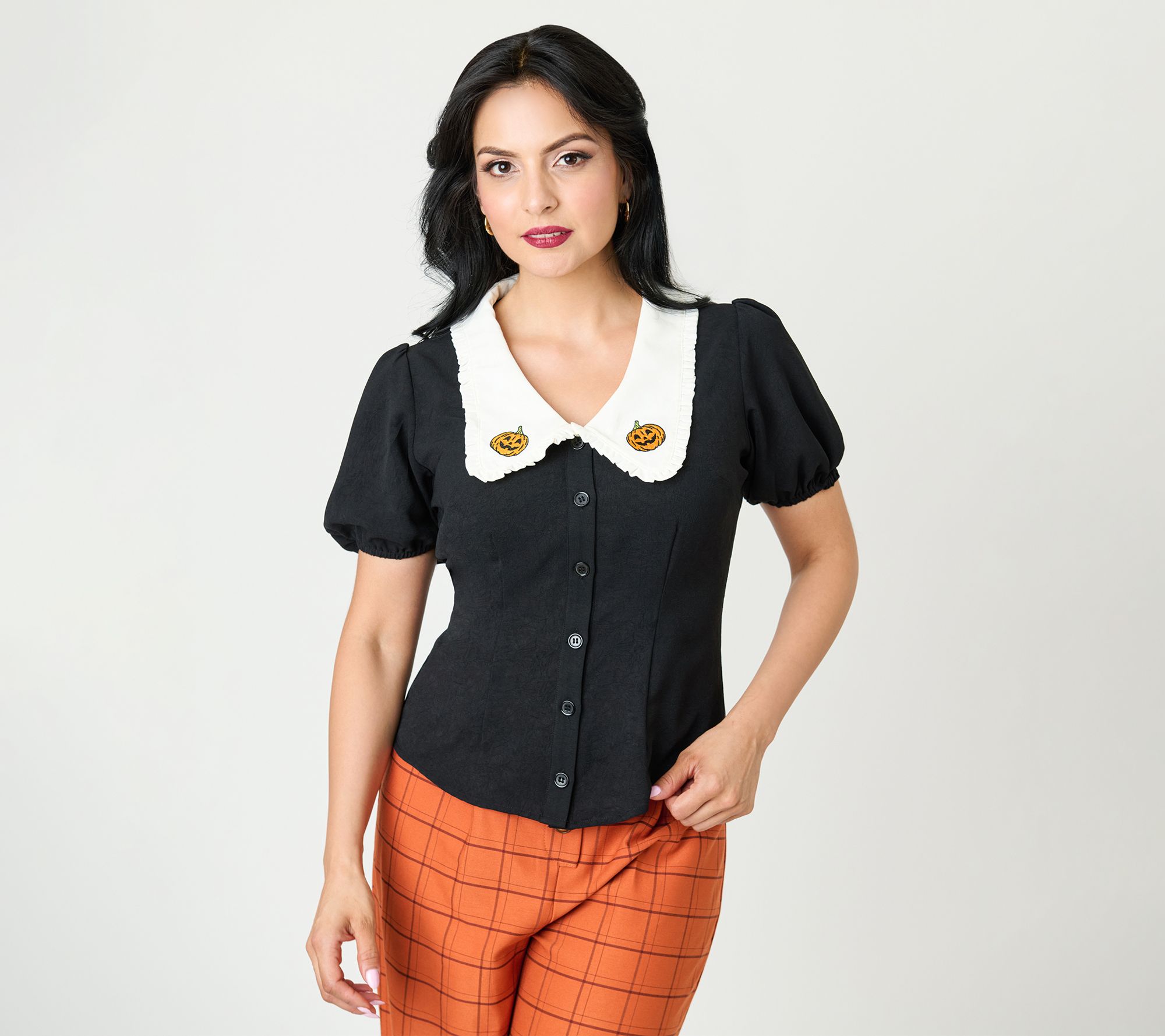 Unique Vintage Pumpkin Embroidered Oversized Collar Blouse