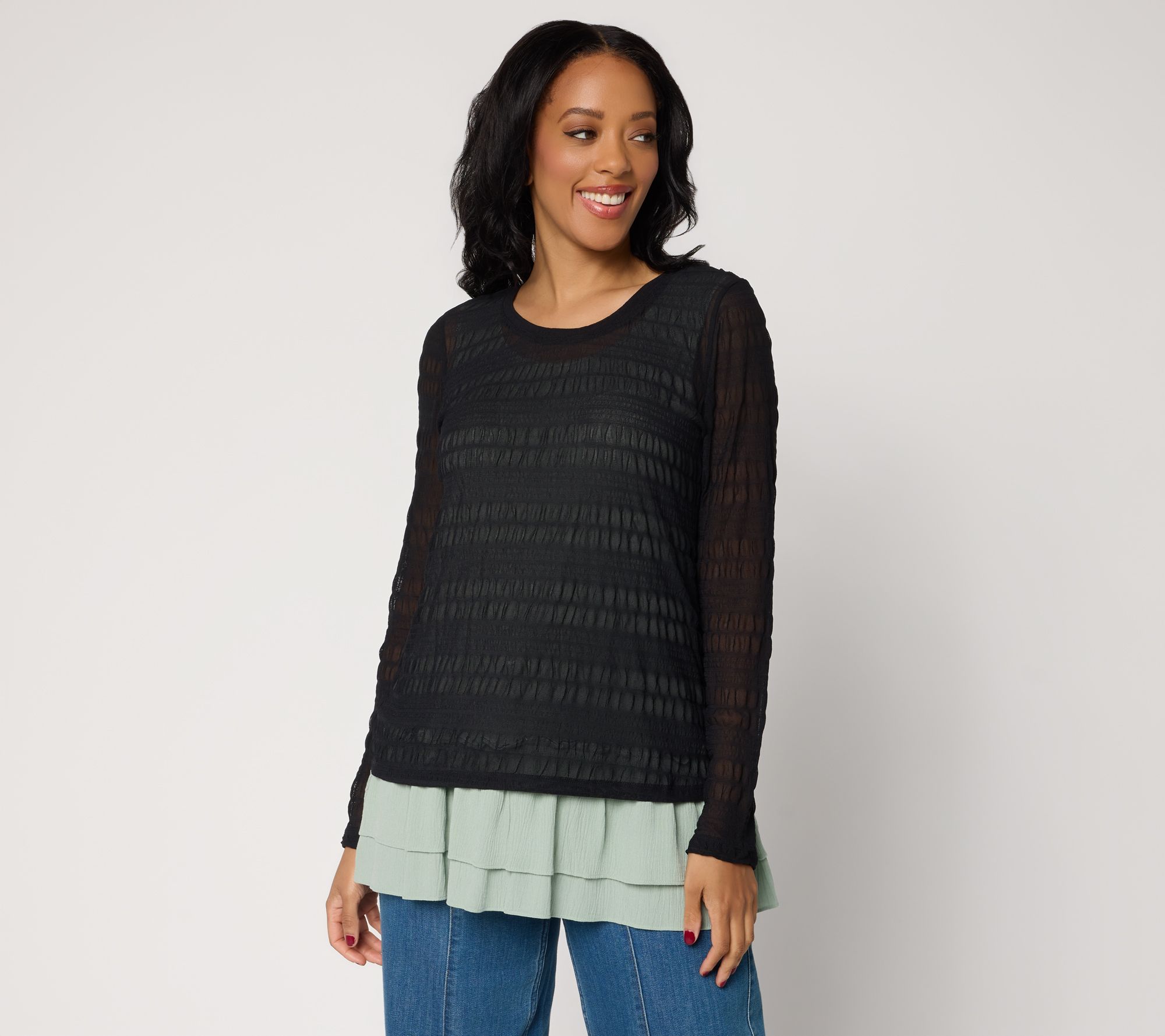 LOGO Layers by Lori Goldstein Textured Mesh Long Sleeve Top