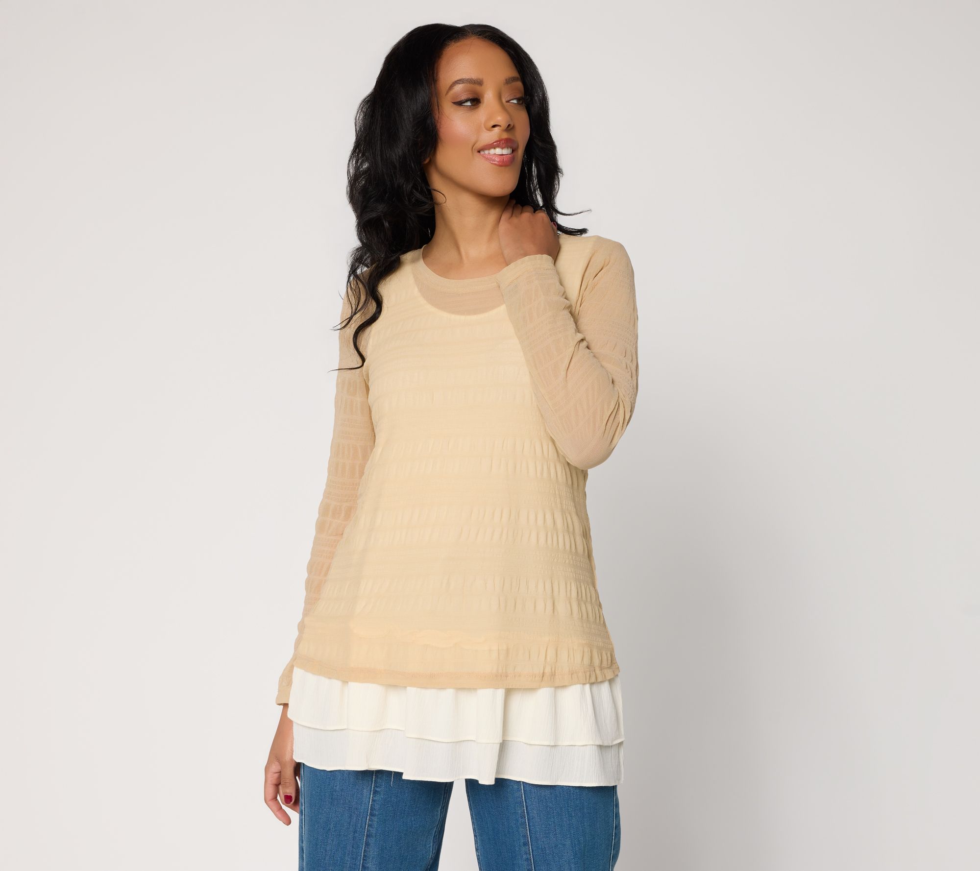 LOGO Layers by Lori Goldstein Textured Mesh Long Sleeve Top