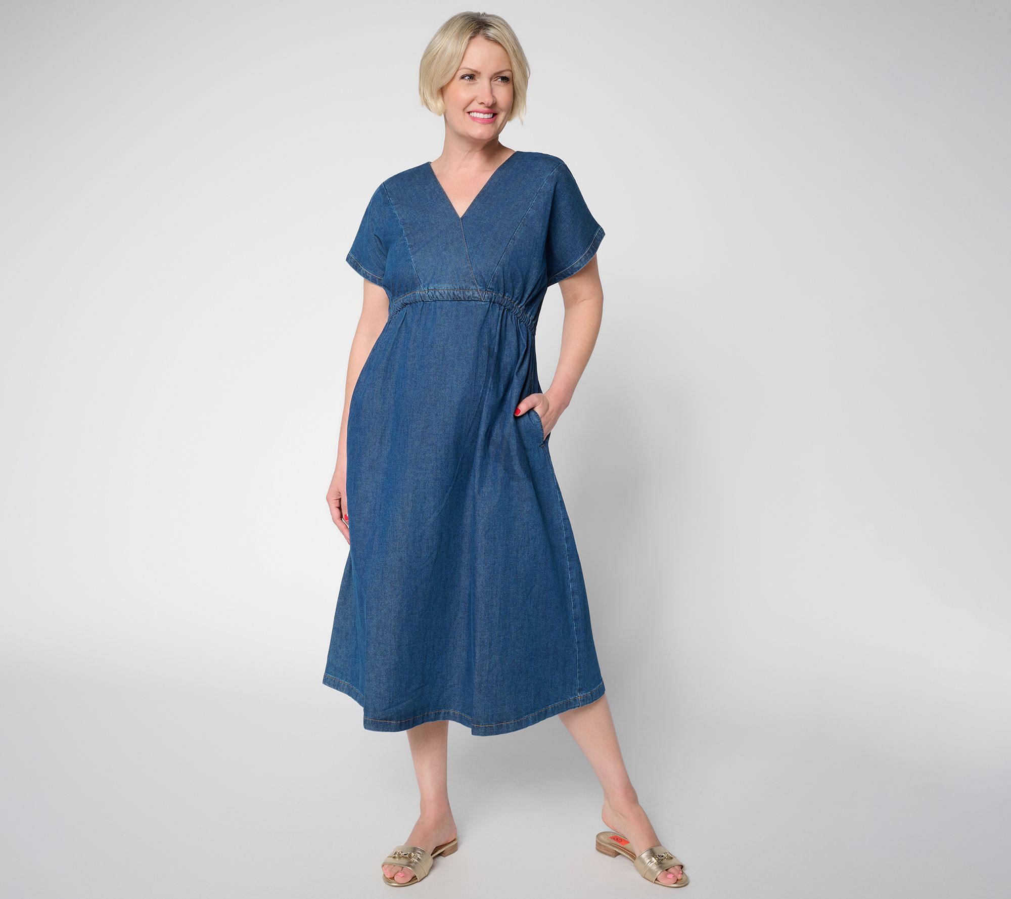 Martha Stewart Signature Indigo Cotton Linen Midi Tie Waist Dress