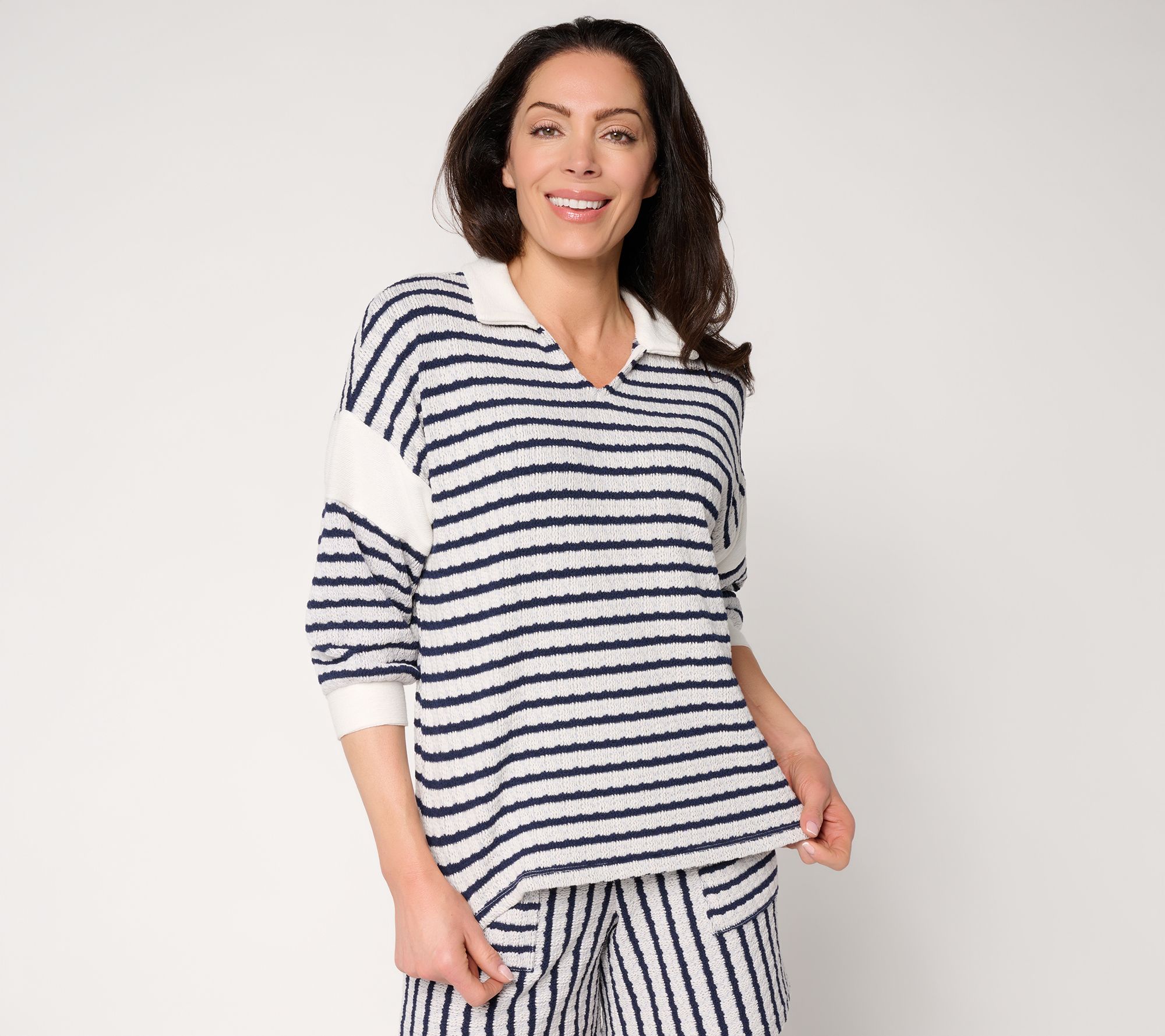 AnyBody Textured Stripe Knit 3/4 Sleeve Collared Top