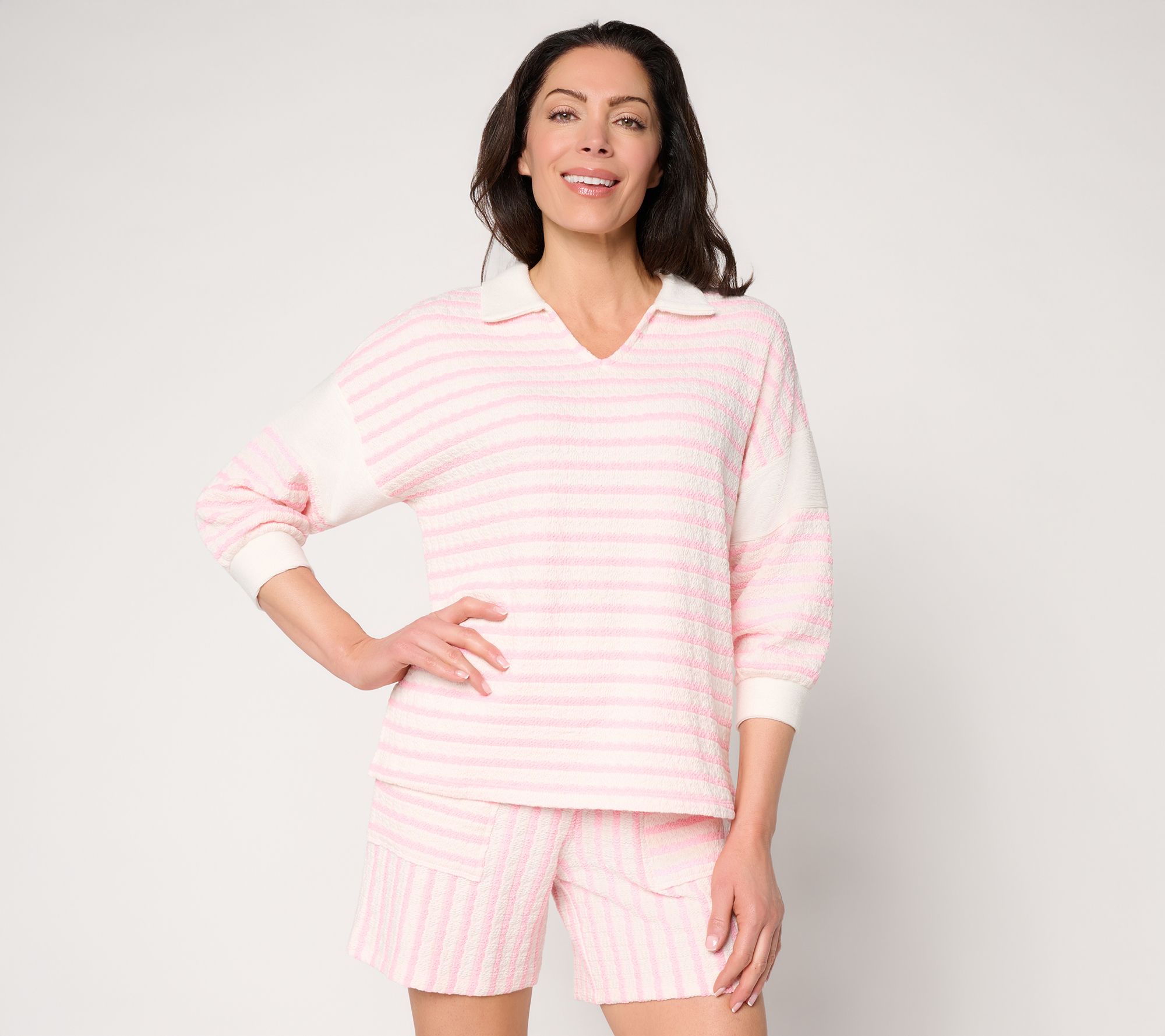 AnyBody Textured Stripe Knit 3/4 Sleeve Collared Top