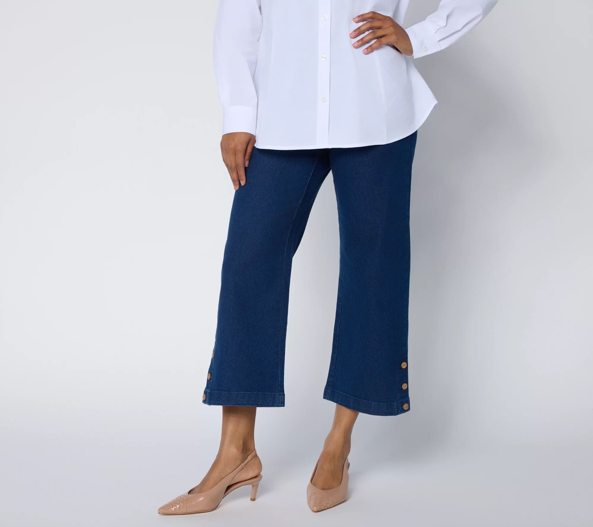 Denim & Co. Petite Indigo Flat Front Capris Pants w/ Hem Detail
