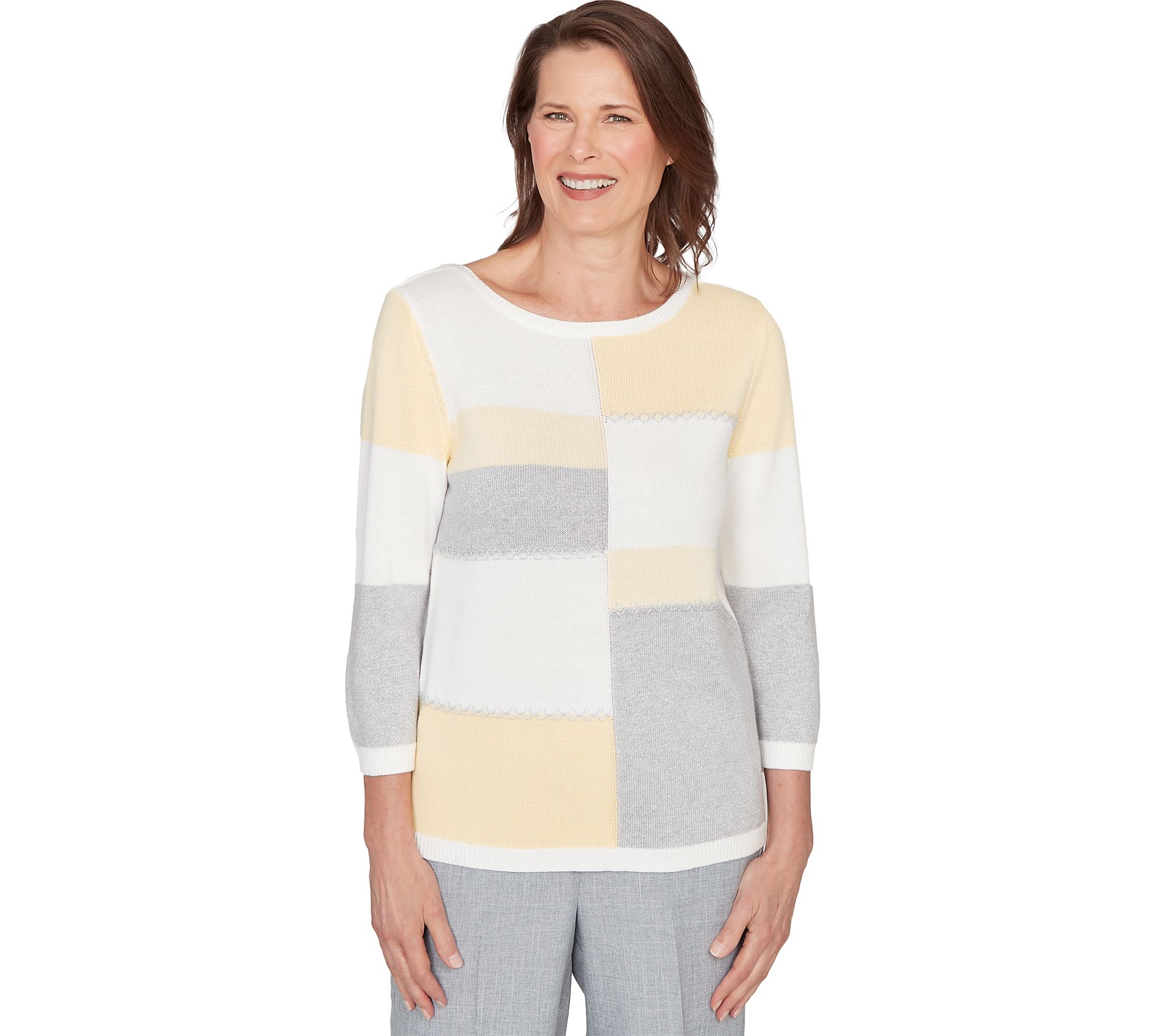 Alfred Dunner Women's Ribbed Colorblock Jewel Neck Sweater