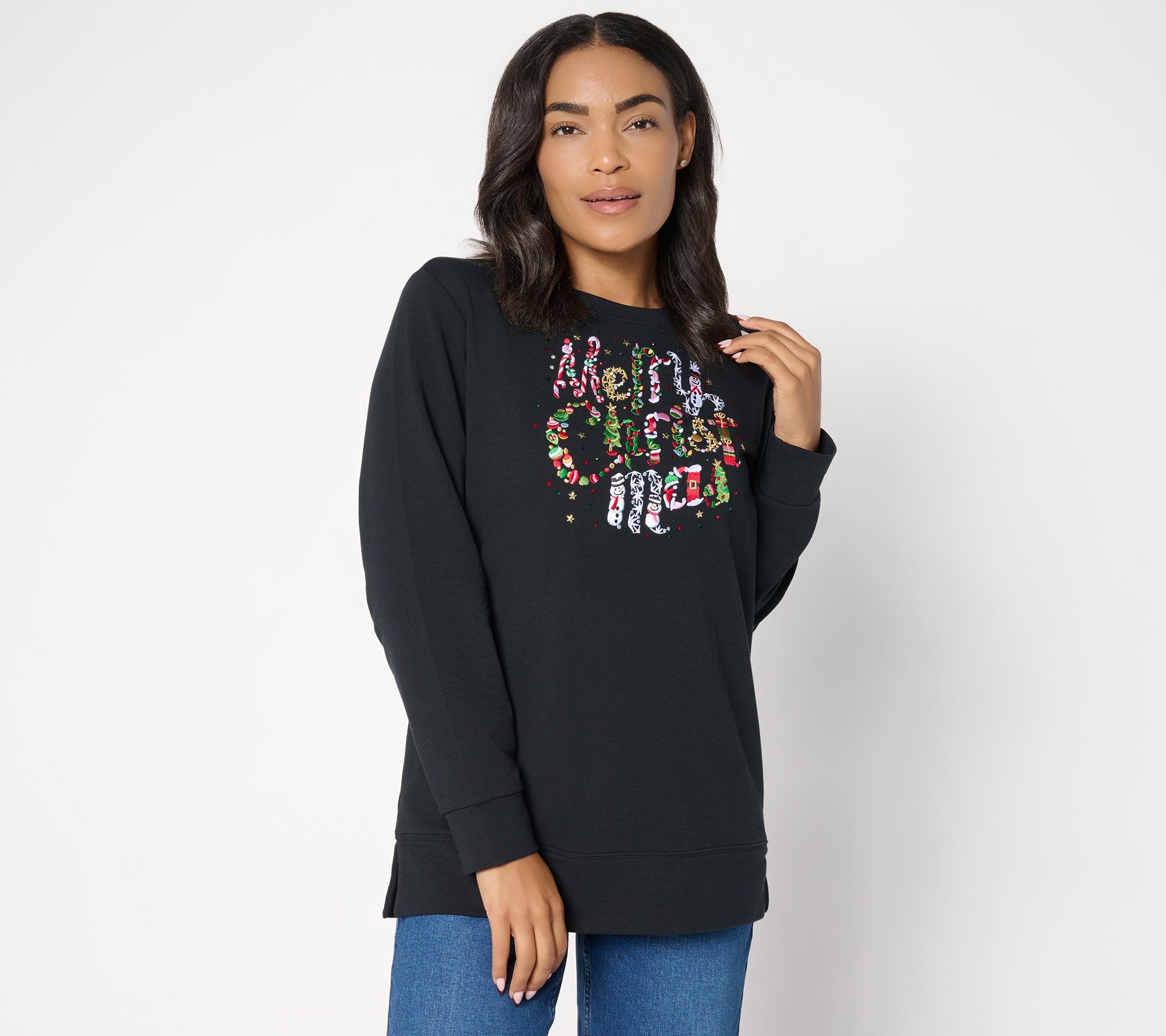 "As Is" Quacker Factory Naughty or Nice Long Sleeve French Terry Top
