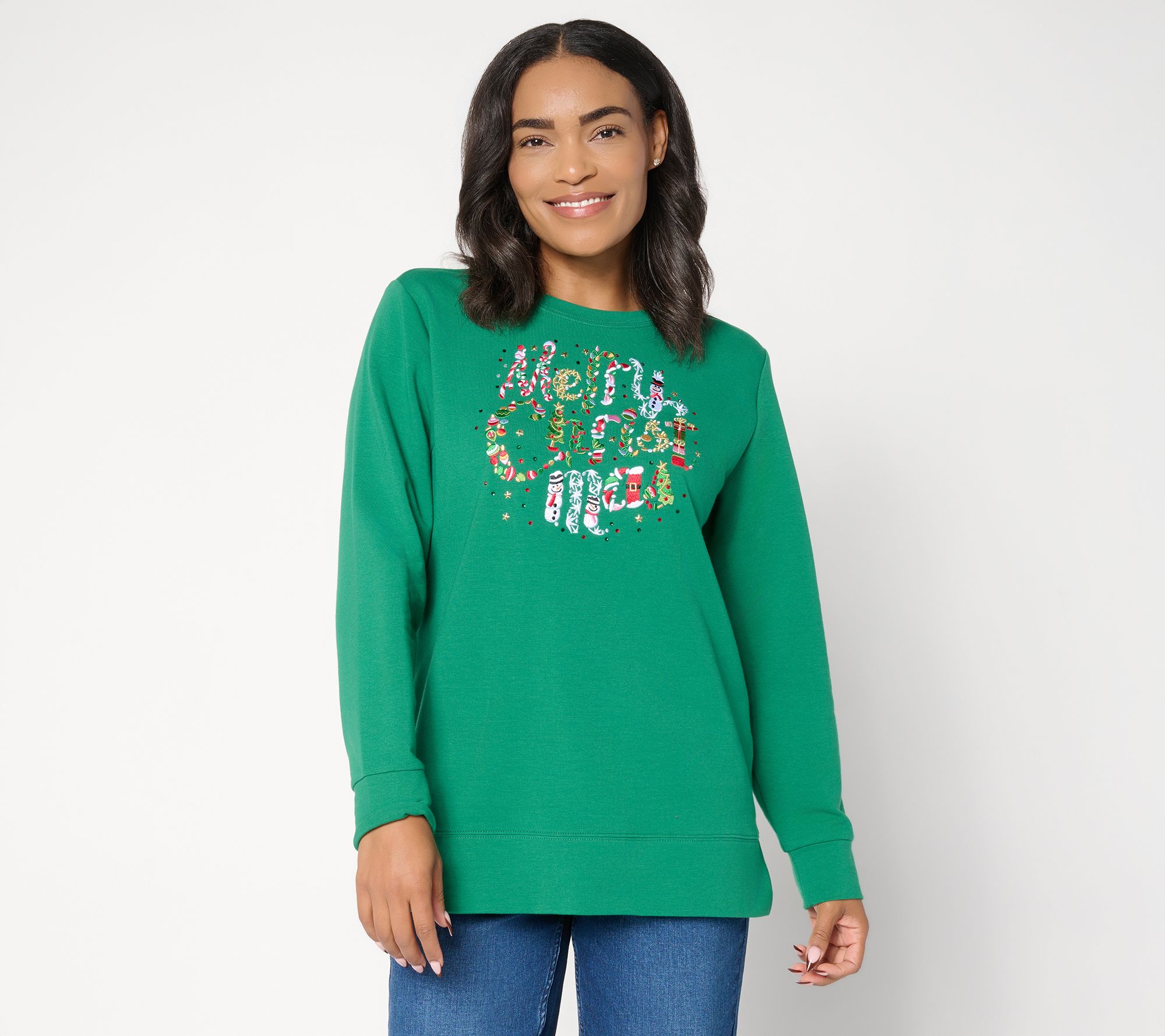 "As Is" Quacker Factory Naughty or Nice Long Sleeve French Terry Top
