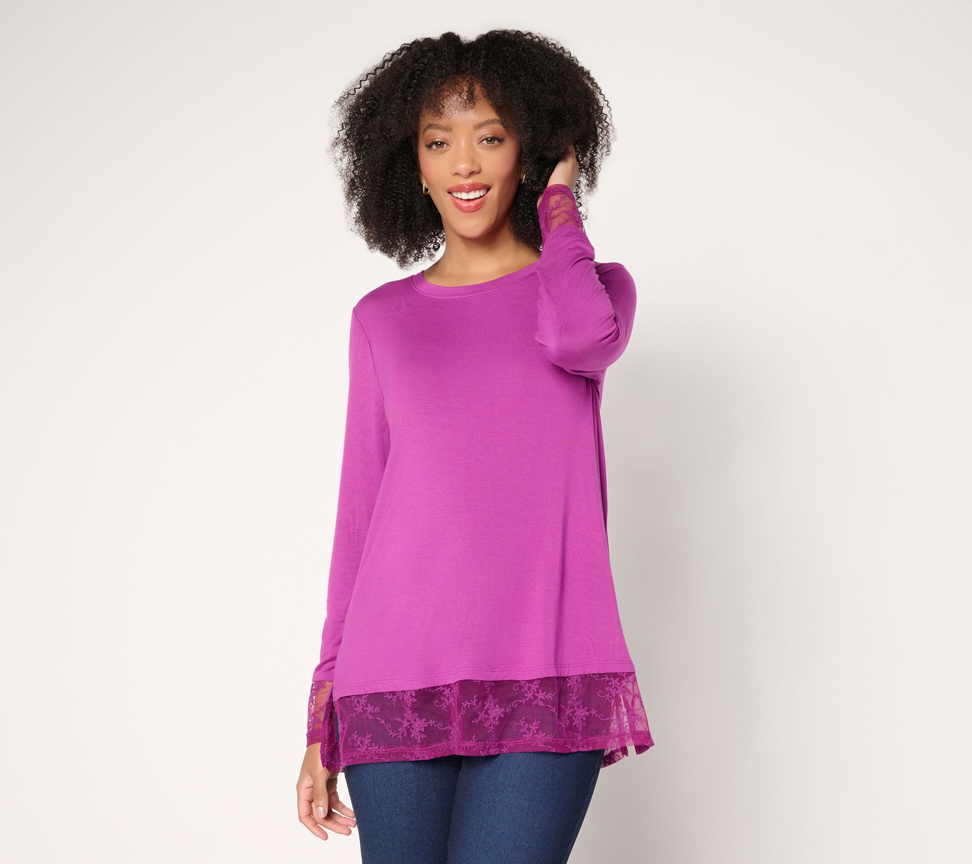 "As Is" LOGO Layers by Lori Goldstein Long Sleeve Lace Trim Top