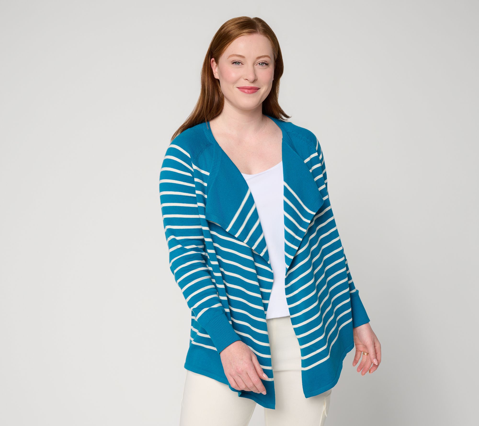 Denim & Co. Striped 100% Cotton Drape Front Cardigan - QVC.com