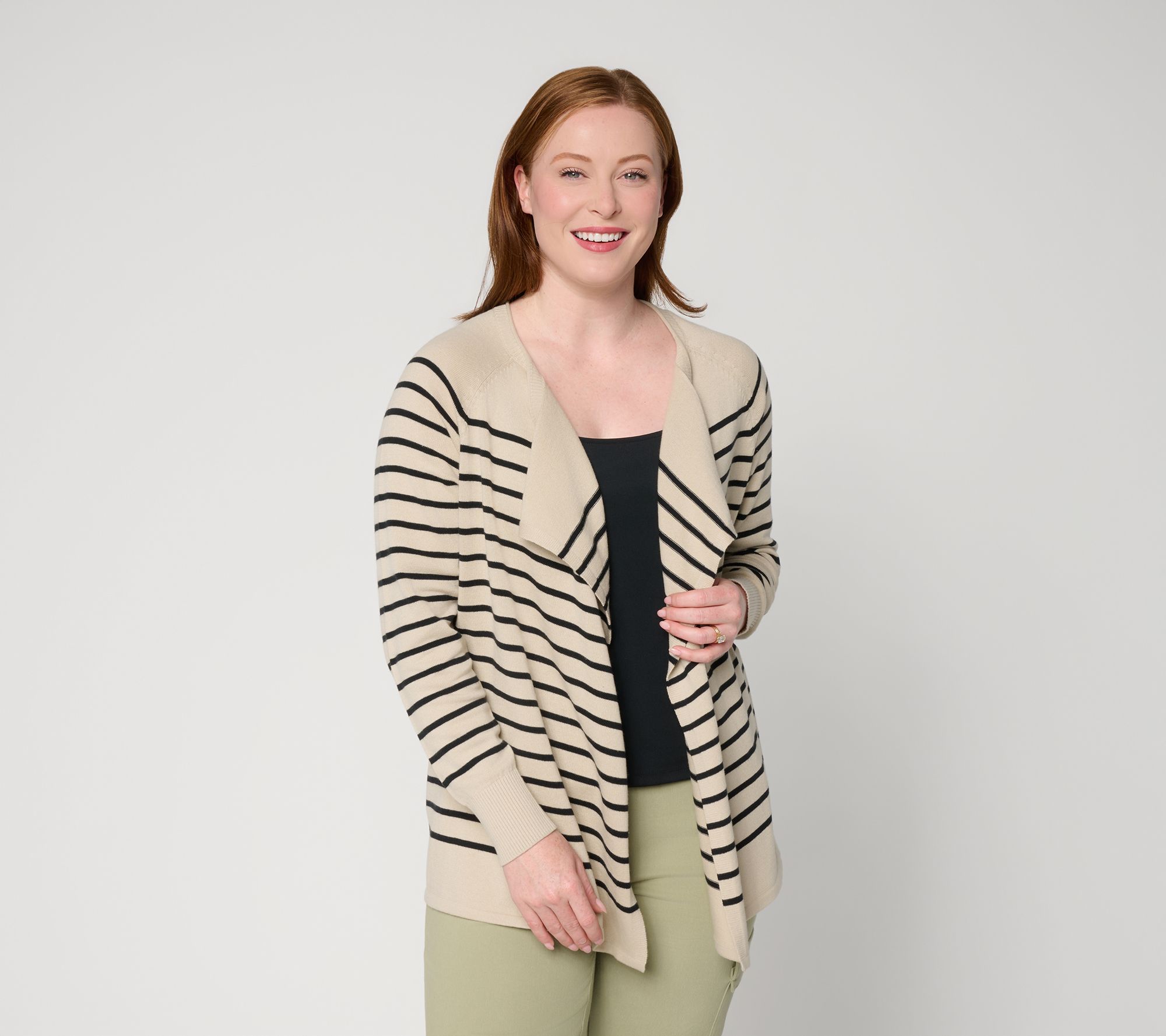 Denim & Co. Striped 100% Cotton Drape Front Cardigan