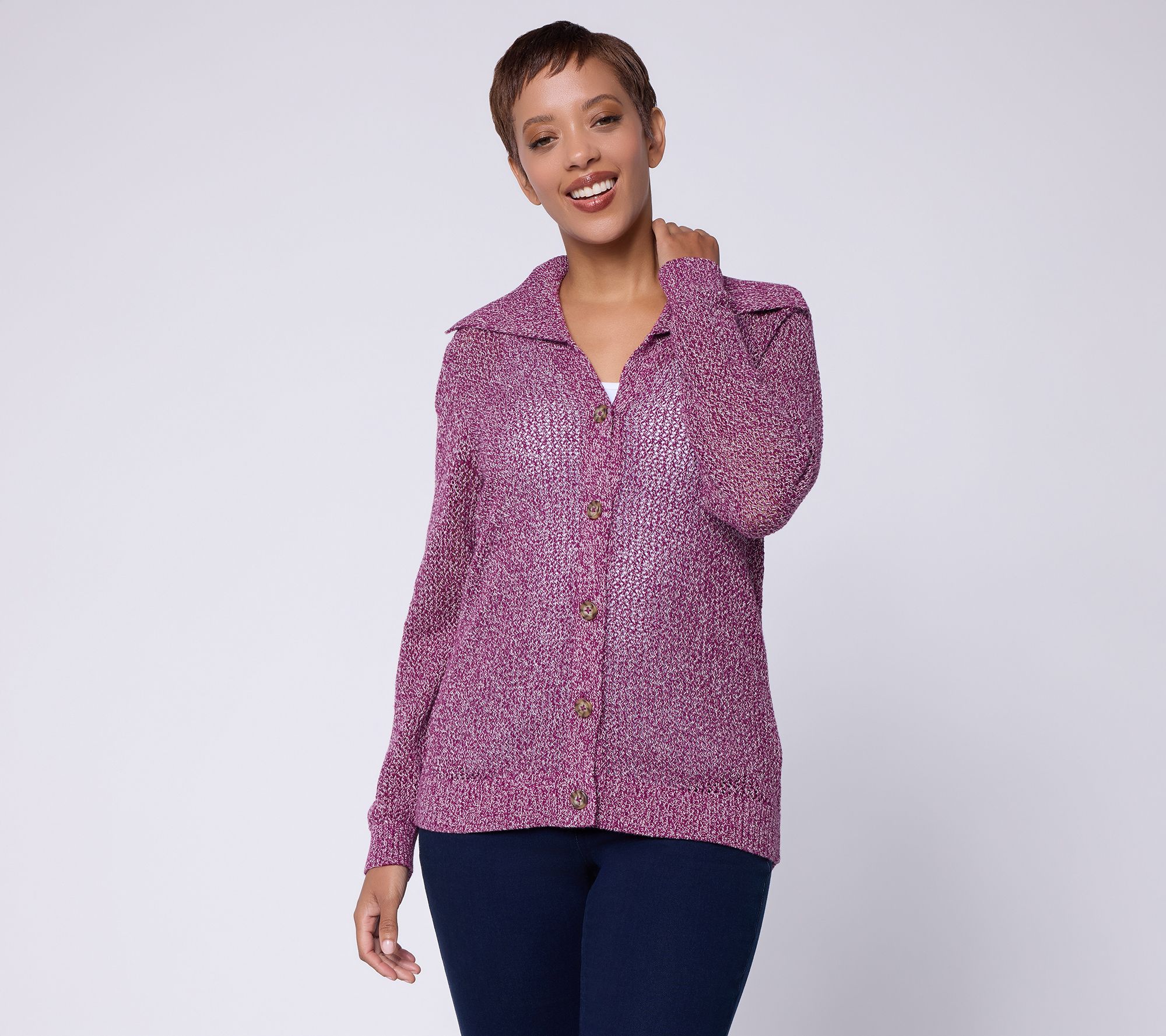 Denim & Co. Regular 100% Cotton Button Front Marled Cardigan