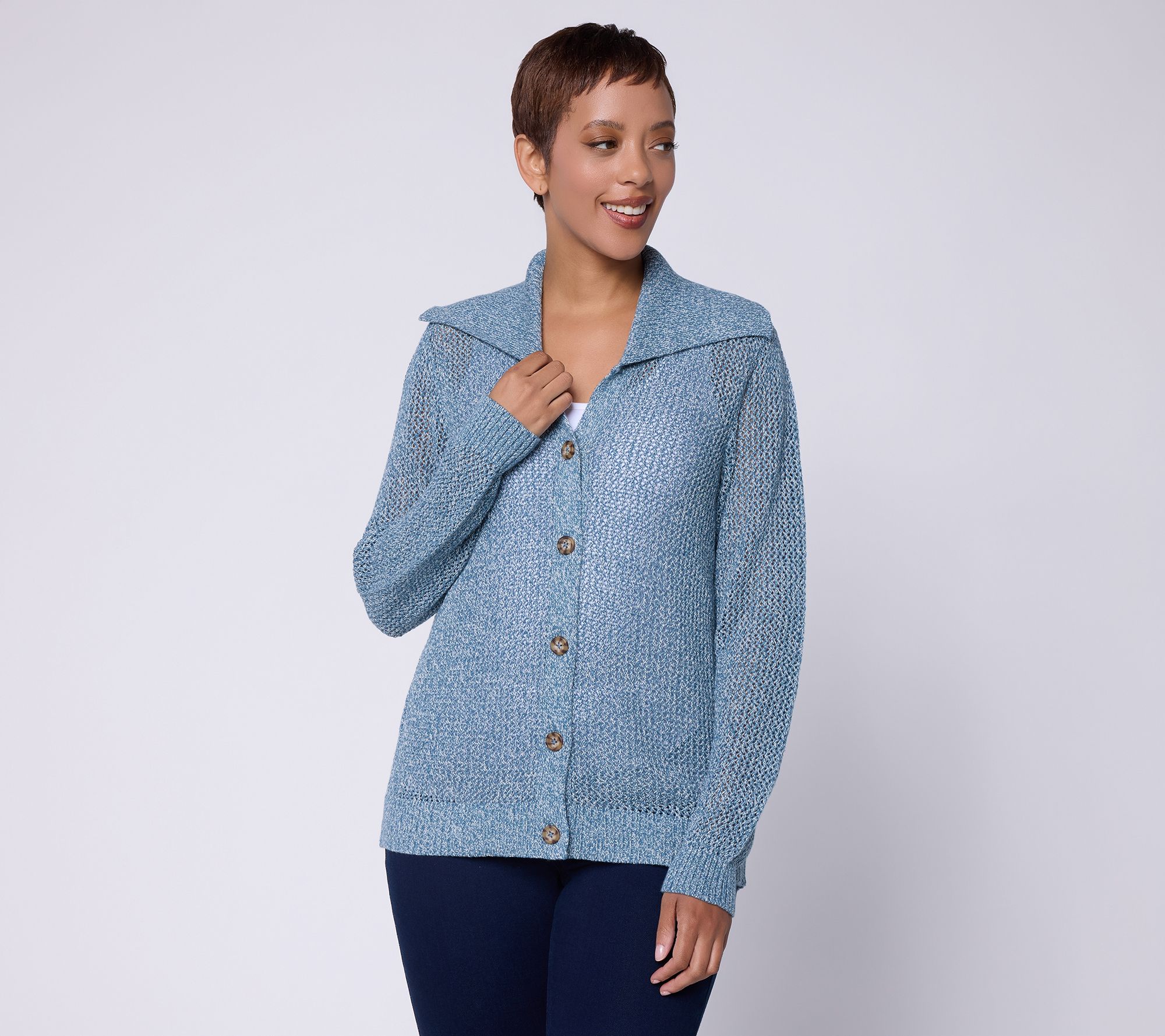 Denim & Co. Regular 100% Cotton Button Front Marled Cardigan