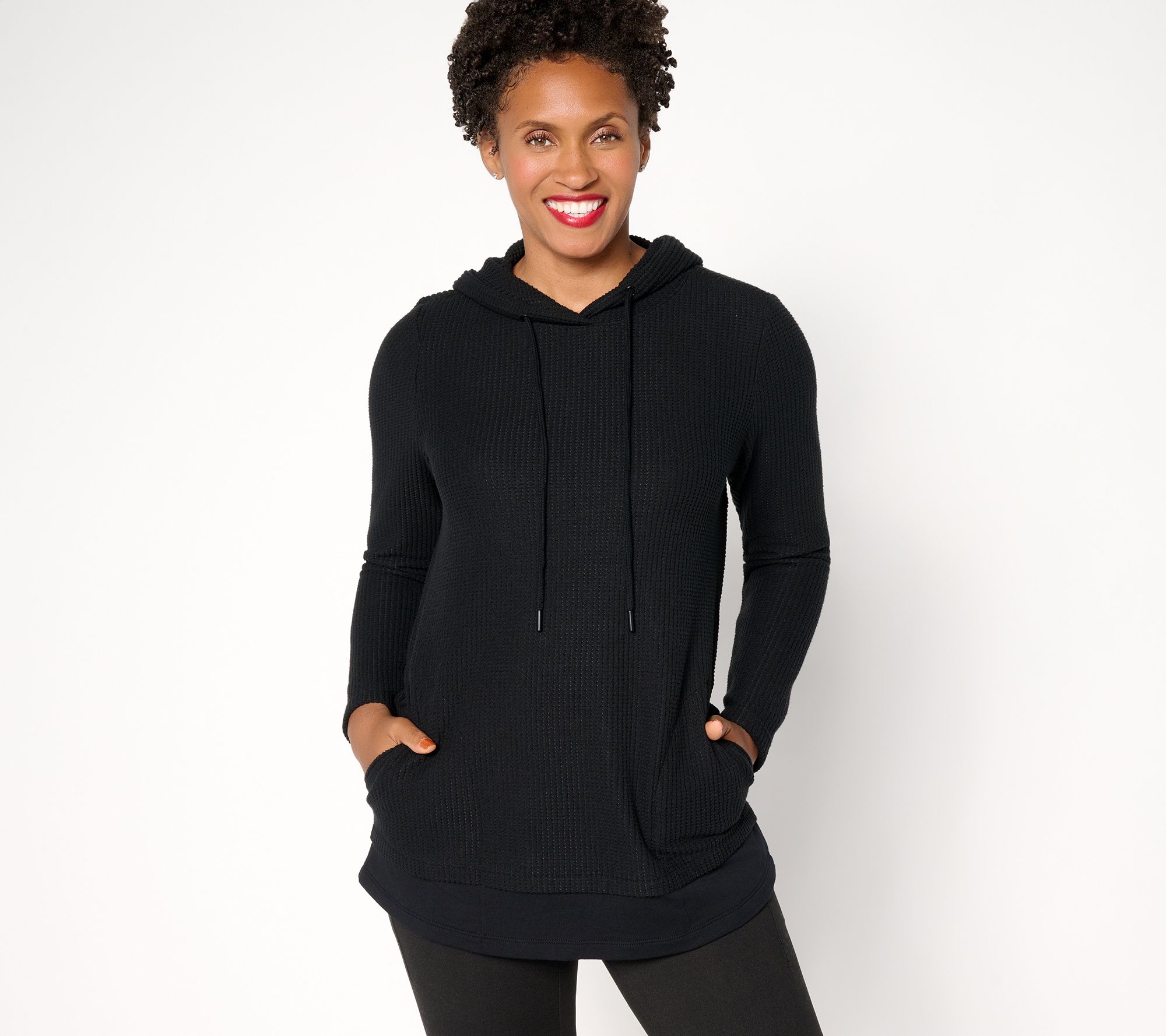 "As Is" Denim & Co. Active Waffle Knit Mixed Media Hooded Pullover