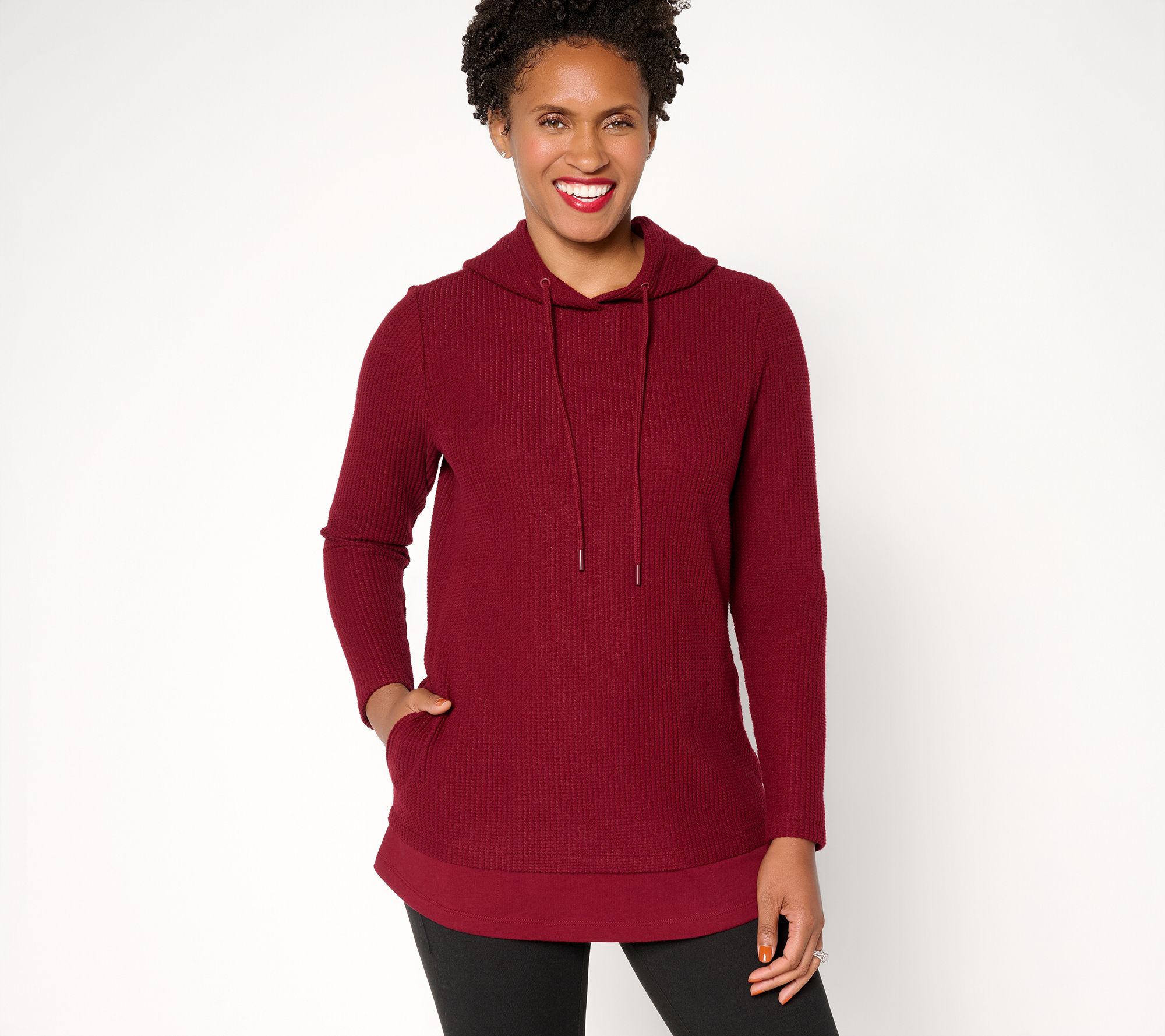 "As Is" Denim & Co. Active Waffle Knit Mixed Media Hooded Pullover