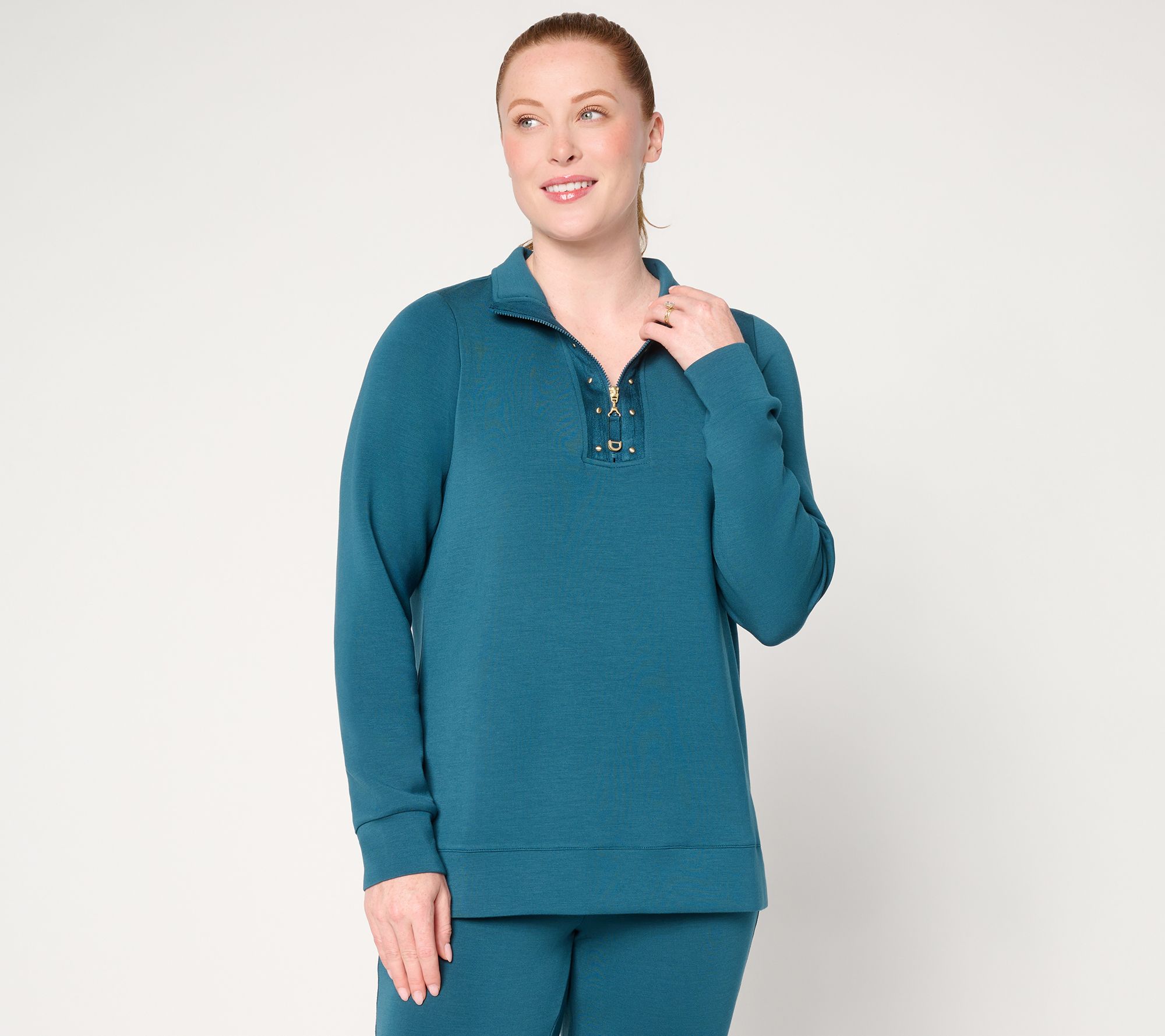 Belle by Kim Gravel ScubaLuxe Studded Half Zip Top