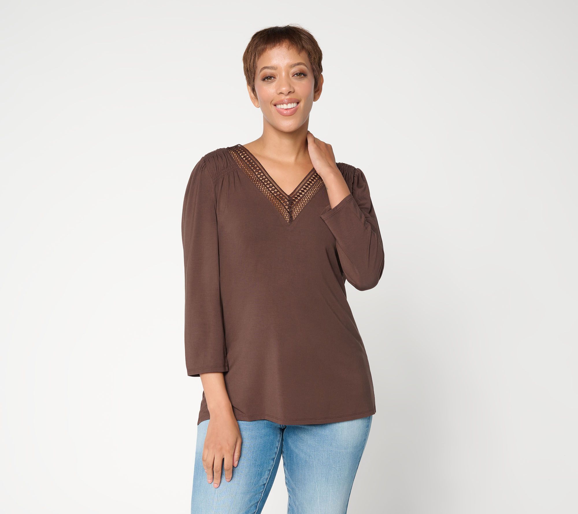 Ree by The Pioneer Woman 3/4 Sleeve V -Neck Top w/ Lace Trim