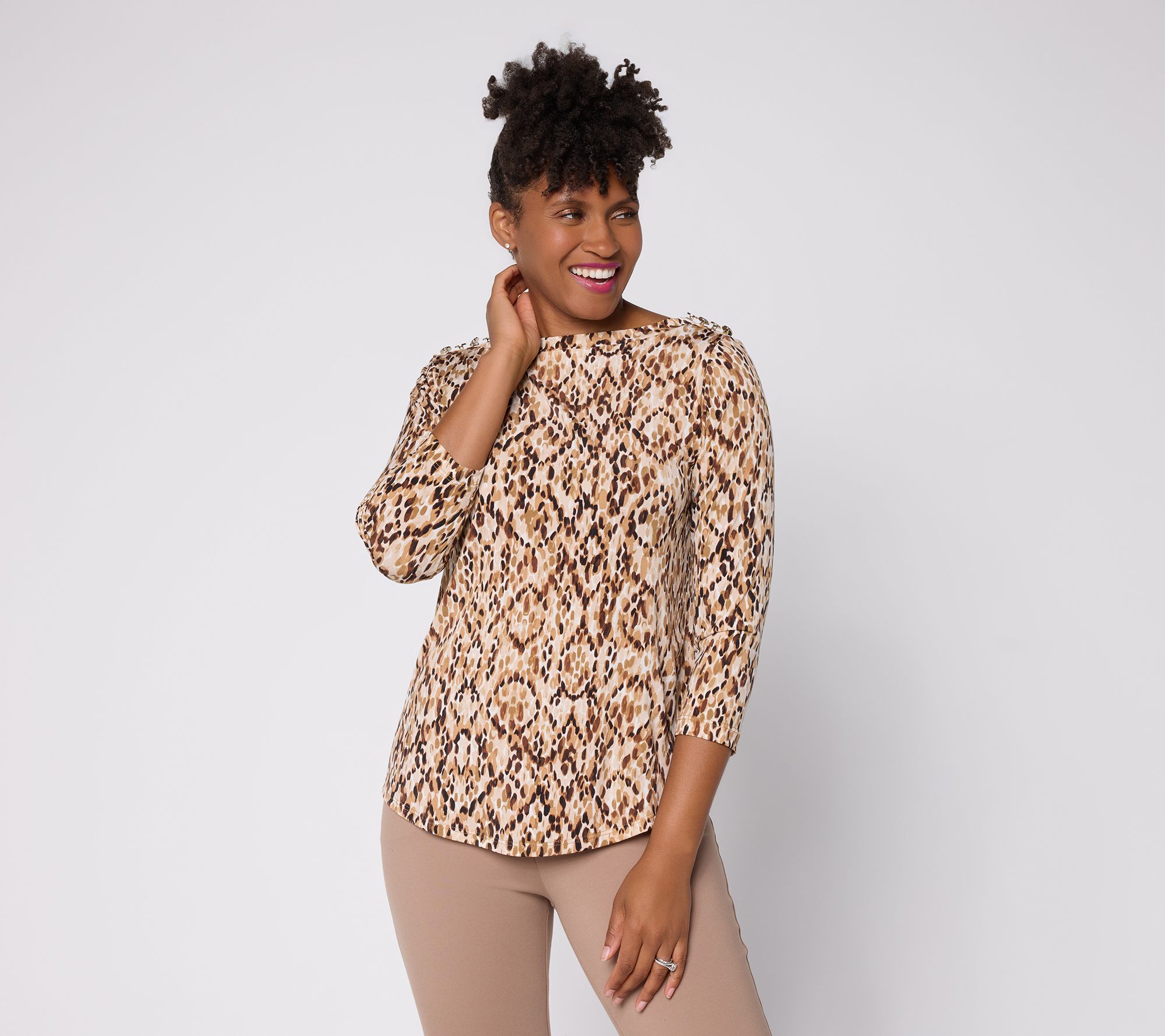 "As Is" Susan Graver Printed Liquid Knit Crew-Neck Top W/Button Detail