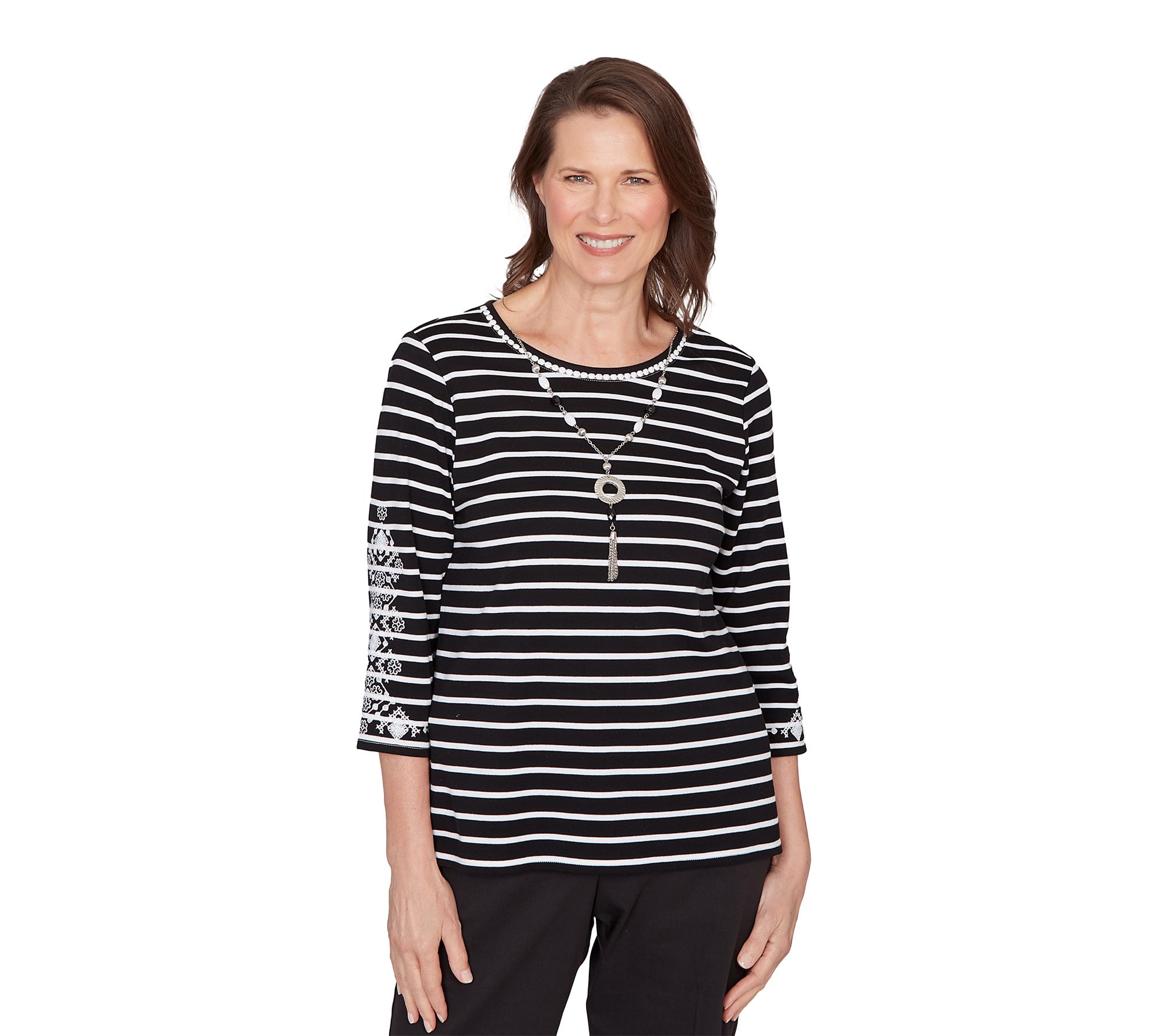 Alfred Dunner Petite Pinstripe Embroidered Sleeve Top
