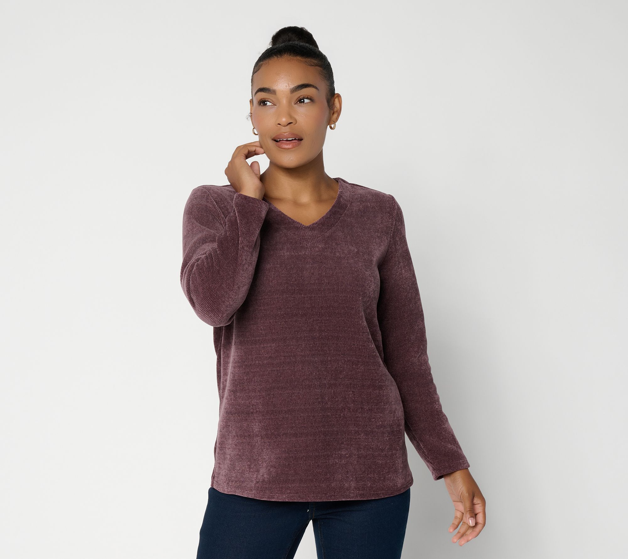 Denim & Co. Chenille Ribbed V-Neck Long Sleeve Top