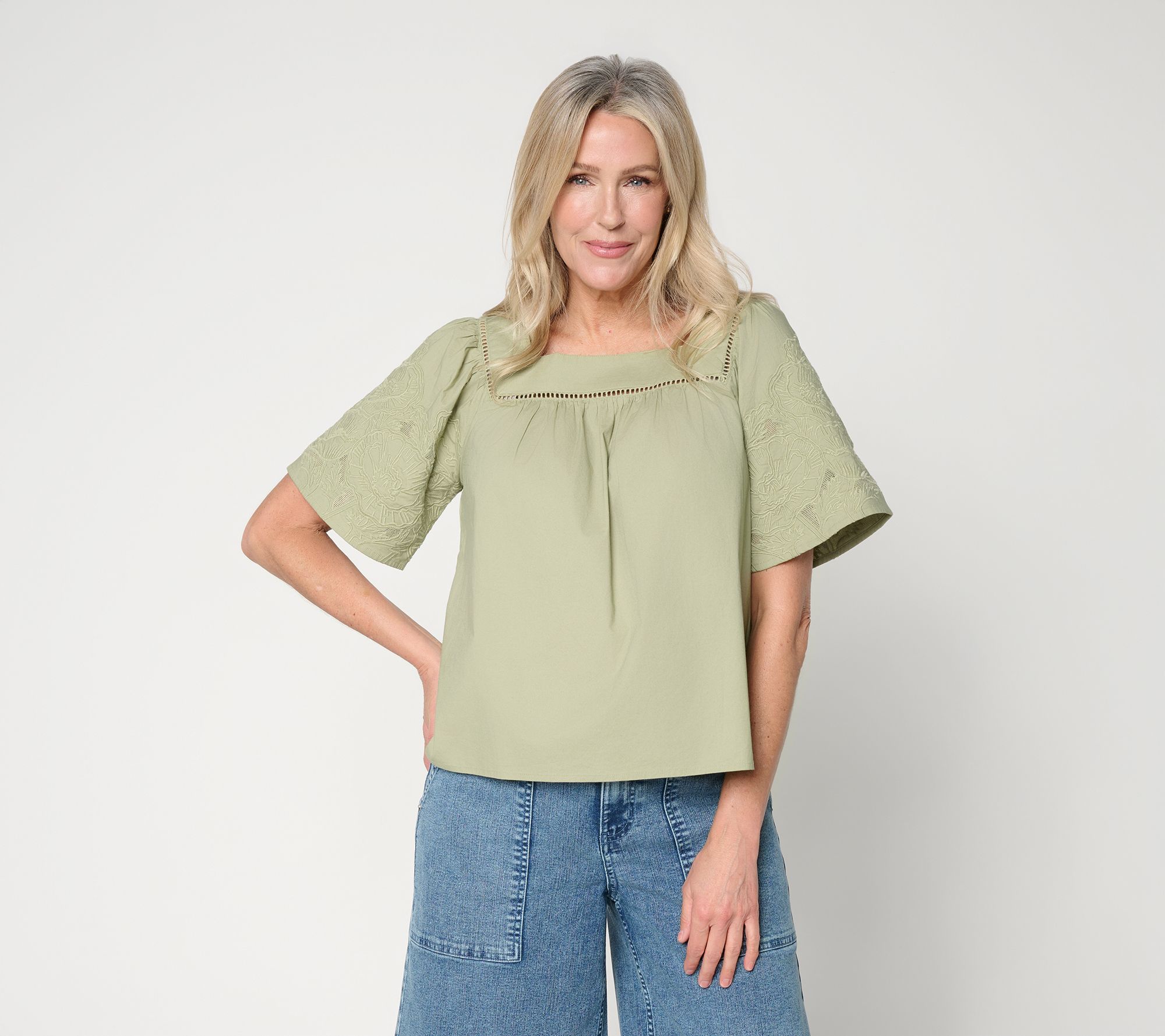 "As Is" Me by Jennie Garth Embroidered Short Sleeve Woven Blouse