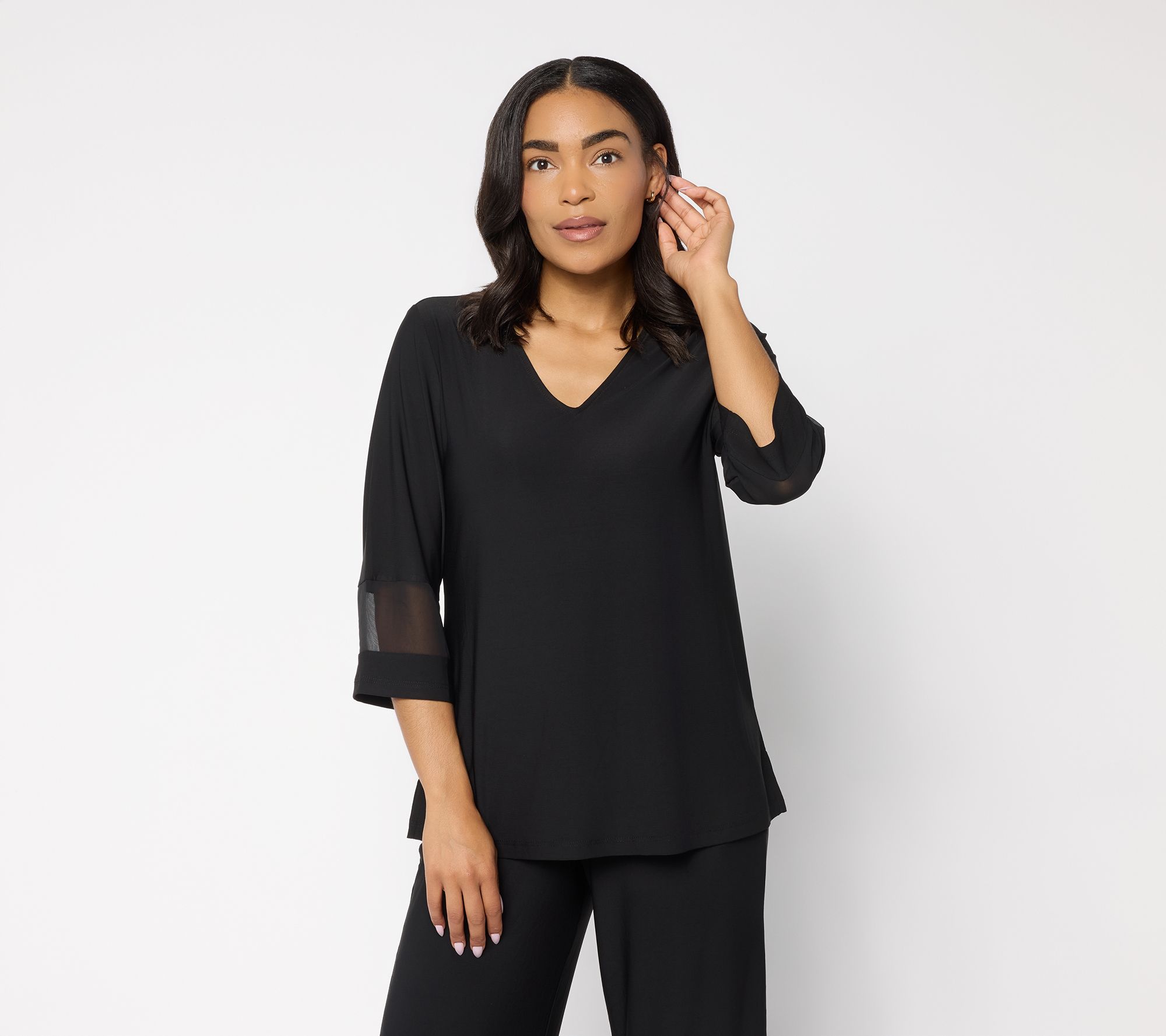 "As Is" Brandis Dress Out Loud Discovery Knit Bestie Sheer Trim V-Neck Top