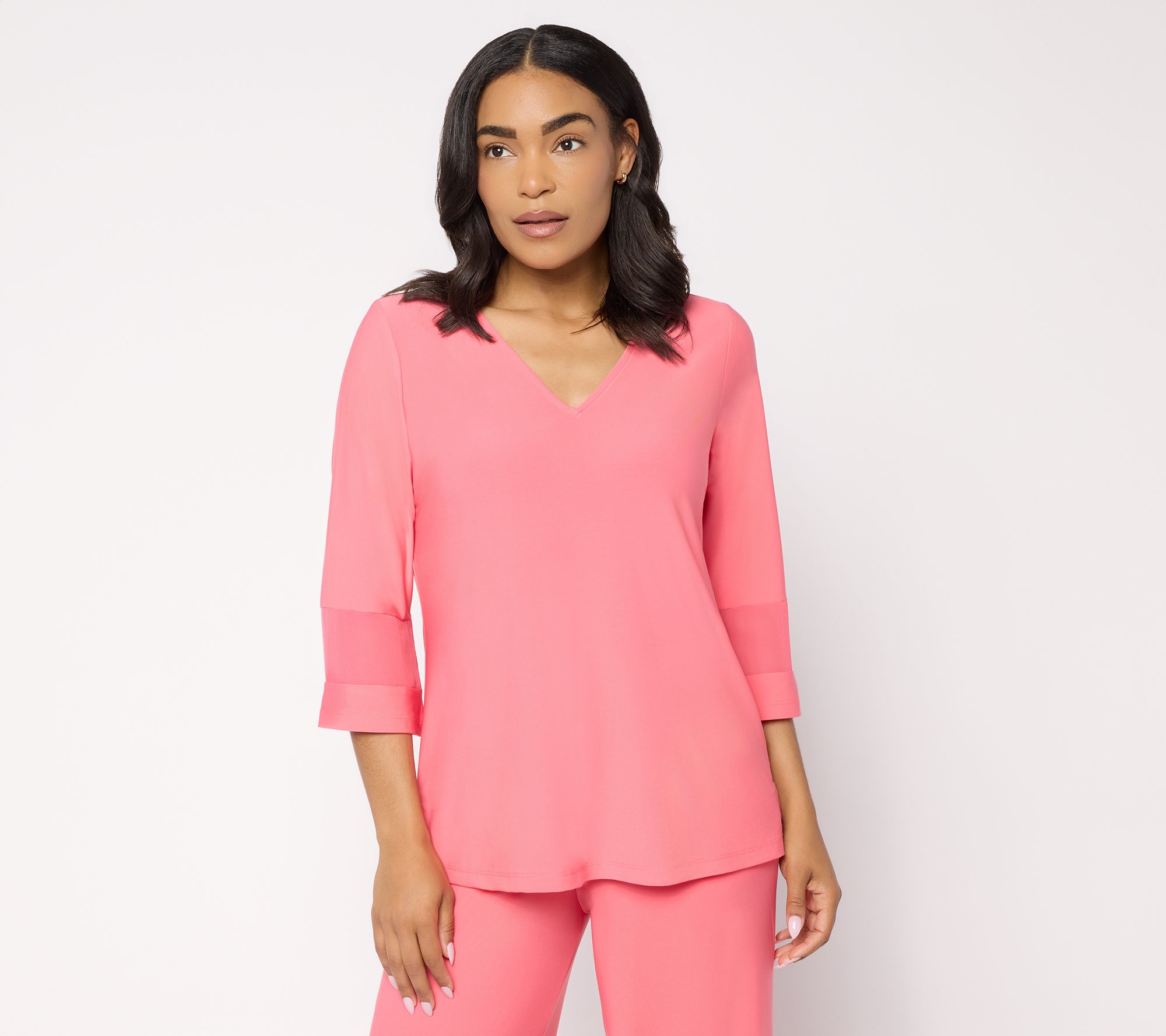 "As Is" Brandis Dress Out Loud Discovery Knit Bestie Sheer Trim V-Neck Top