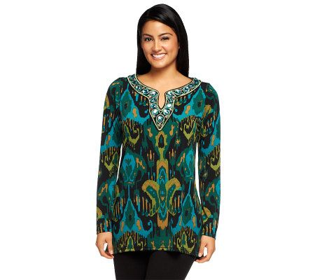 Bob Mackie's Ikat Print Blouse with Jeweled Neckline - Page 1 — QVC.com