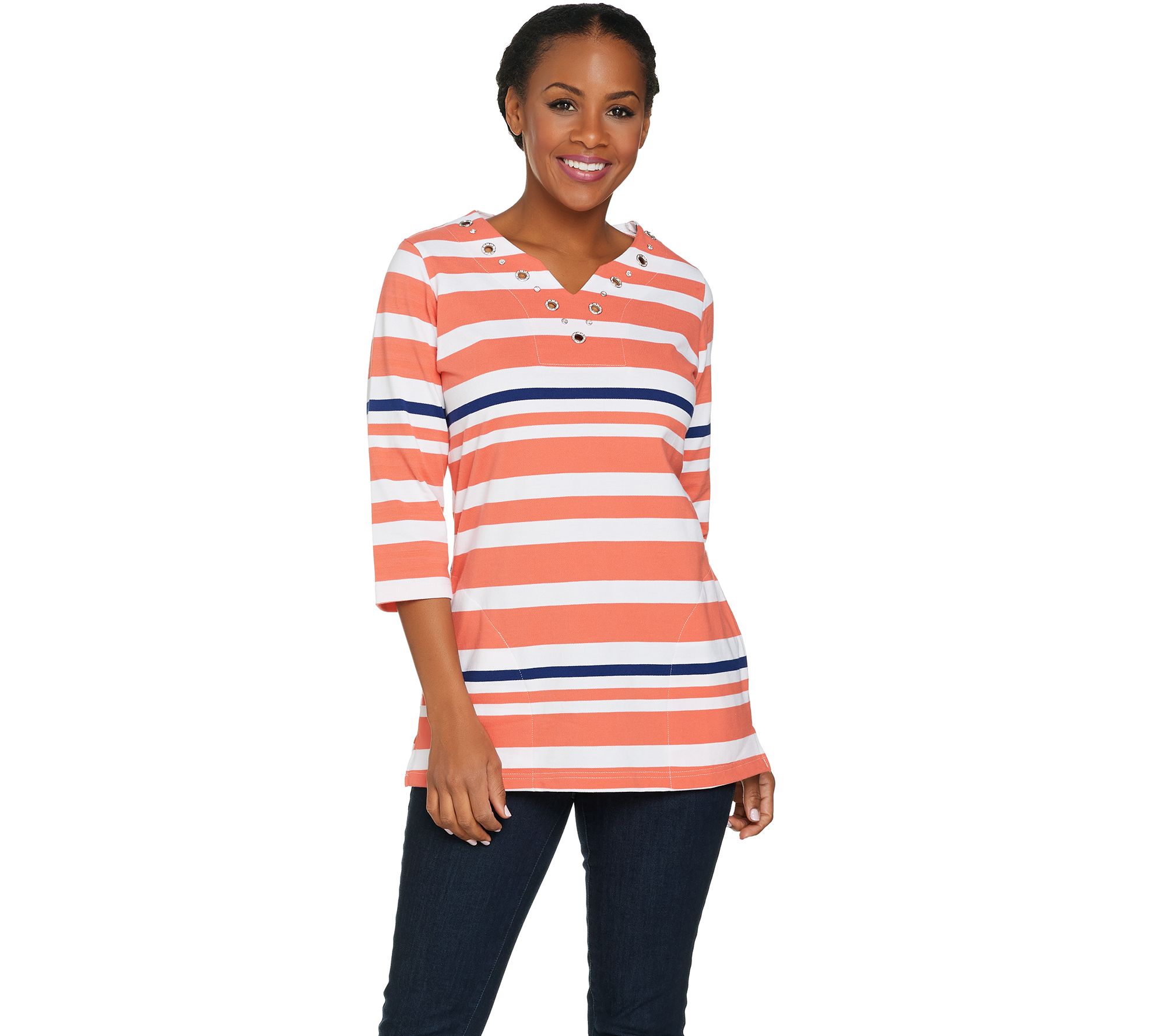 Quacker Factory Striped Grommet Split V-Neck Tunic with Pockets - QVC.com