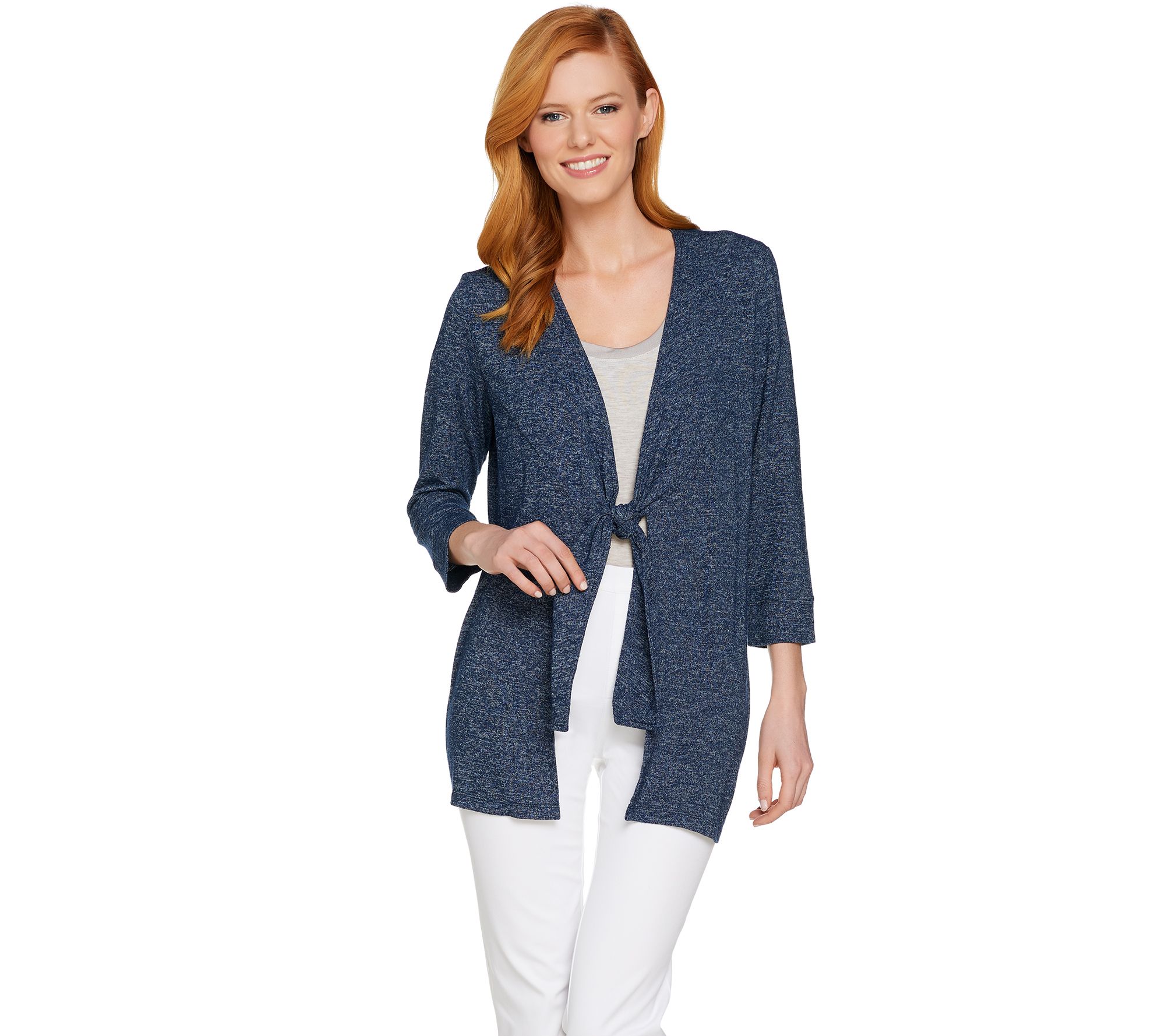 H by Halston Super Soft Knit 3/4 Sleeve Tie Front Cardigan