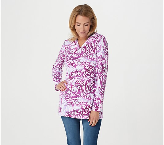 Denim & Co. Active Printed French Terry V-Neck Hooded Tunic