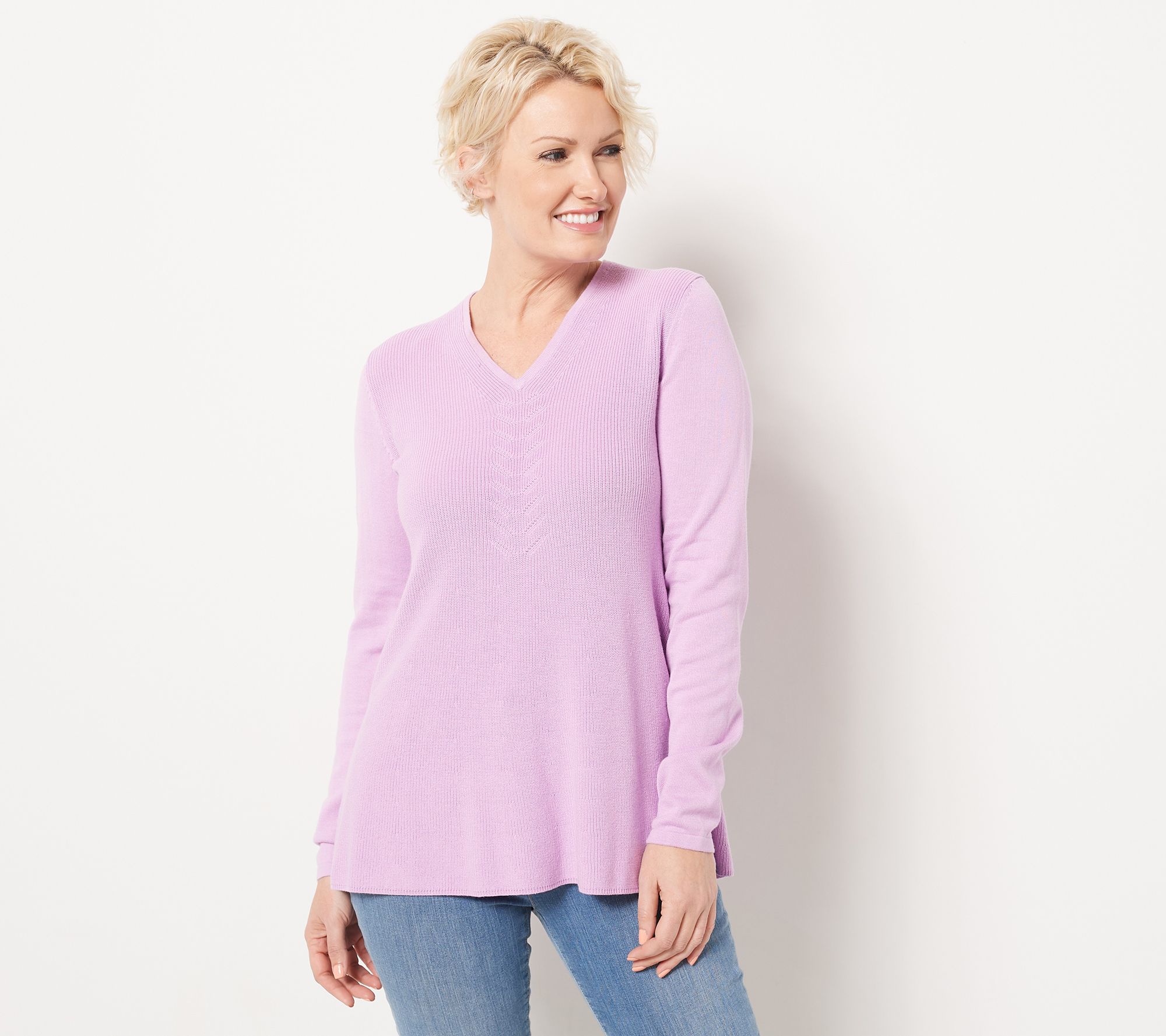 "As Is" Isaac Mizrahi Live! VNeck Shaker Stitch Swing Sweater