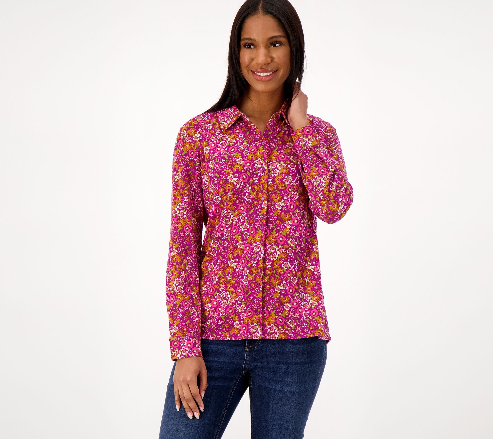 As Is Denim & Co. Printed Heavenly Jersey Button Front Shirt