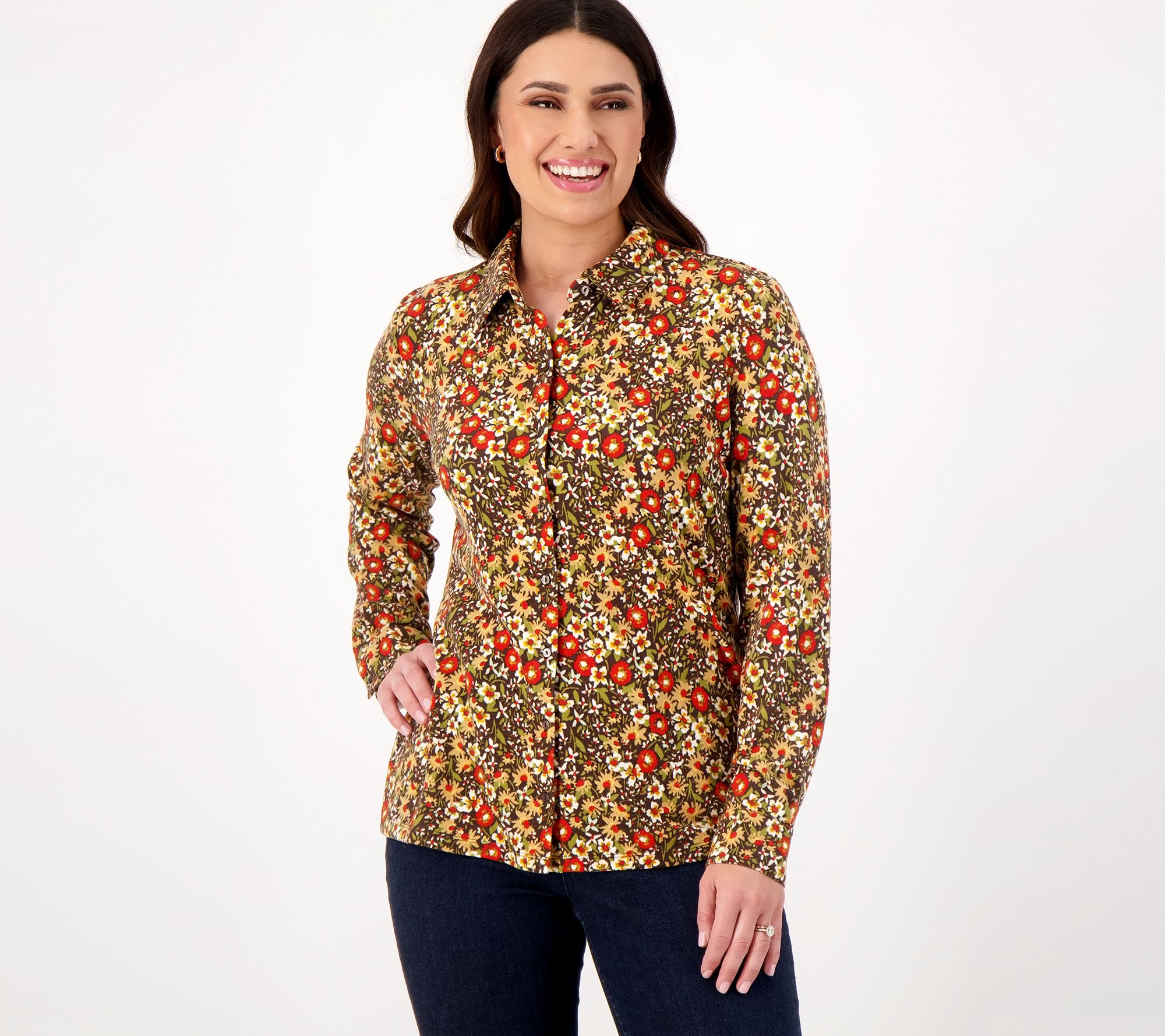 Denim & Co. Printed Heavenly Jersey Button Front Shirt