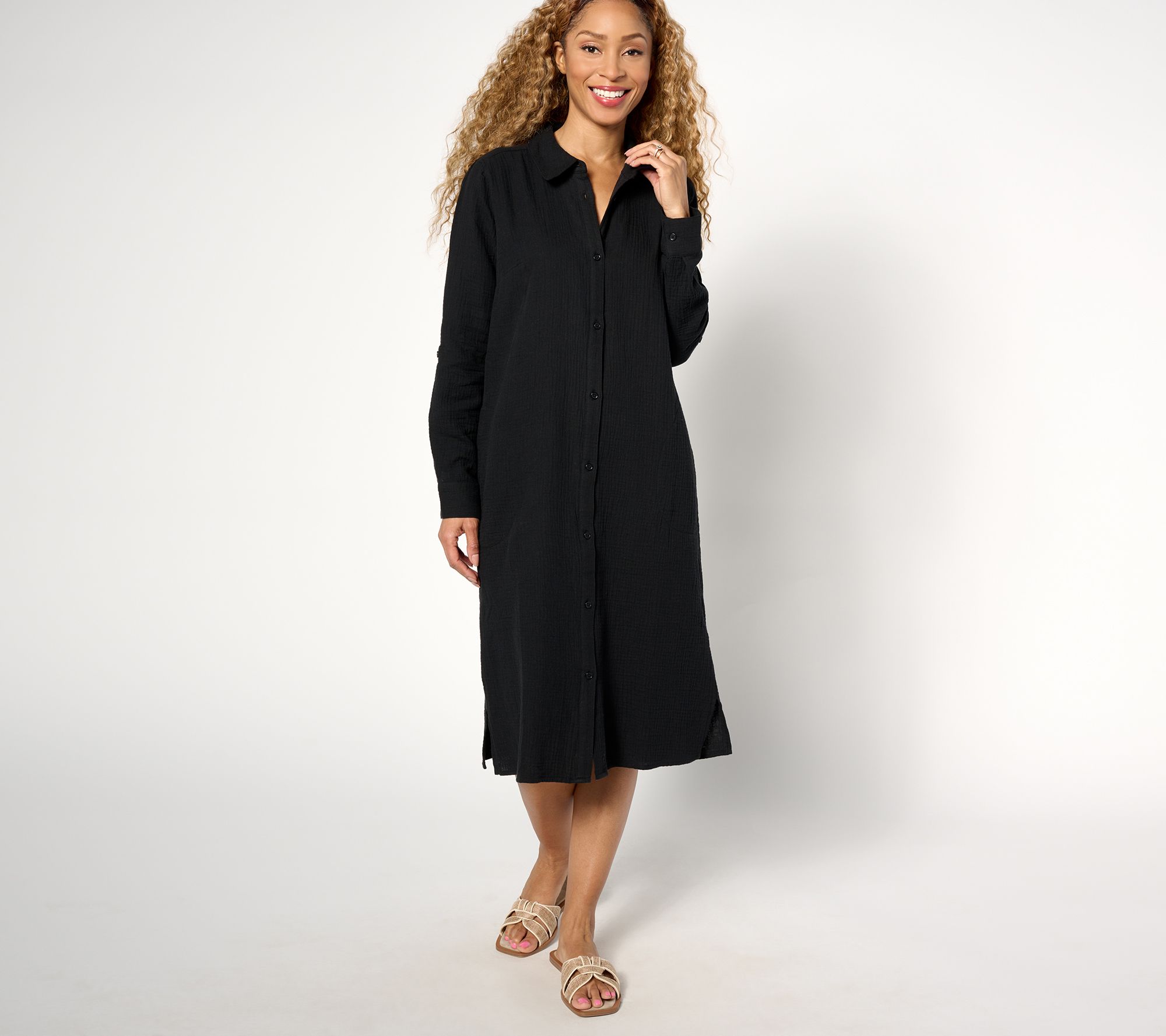 Denim & Co. Beach Petite Gauze Button Front Cover Up