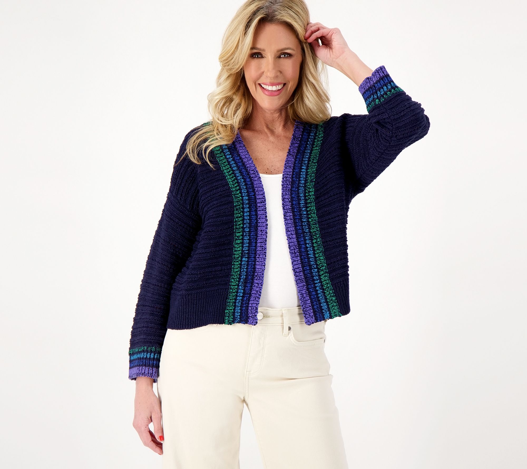 As Is Issac Mizrahi Live! Open Knit Shrug with Stripe Trim 