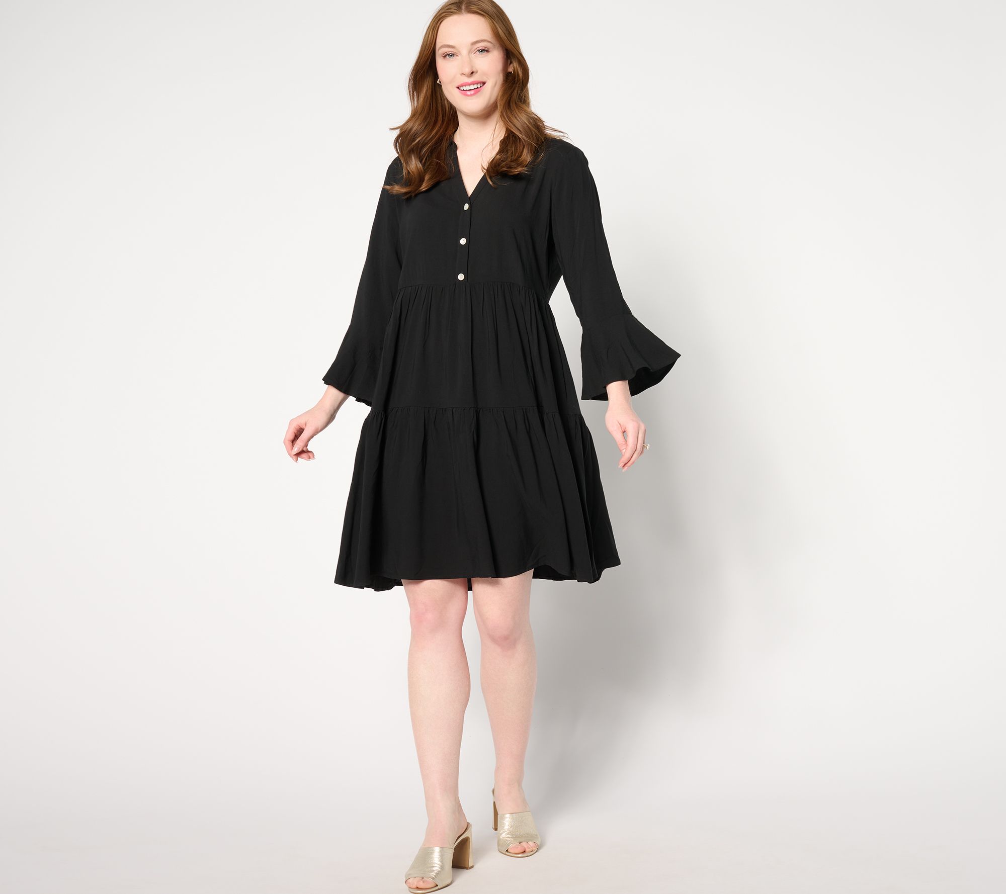 Susan Graver Passport Petite Print or Solid Woven Tiered Dress