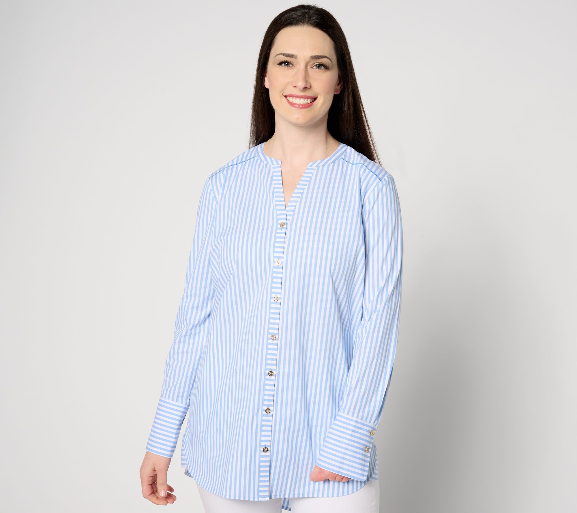 Isaac Mizrahi Live! Regular Yarn-Dye Stripe Button-Front Poplin Tunic