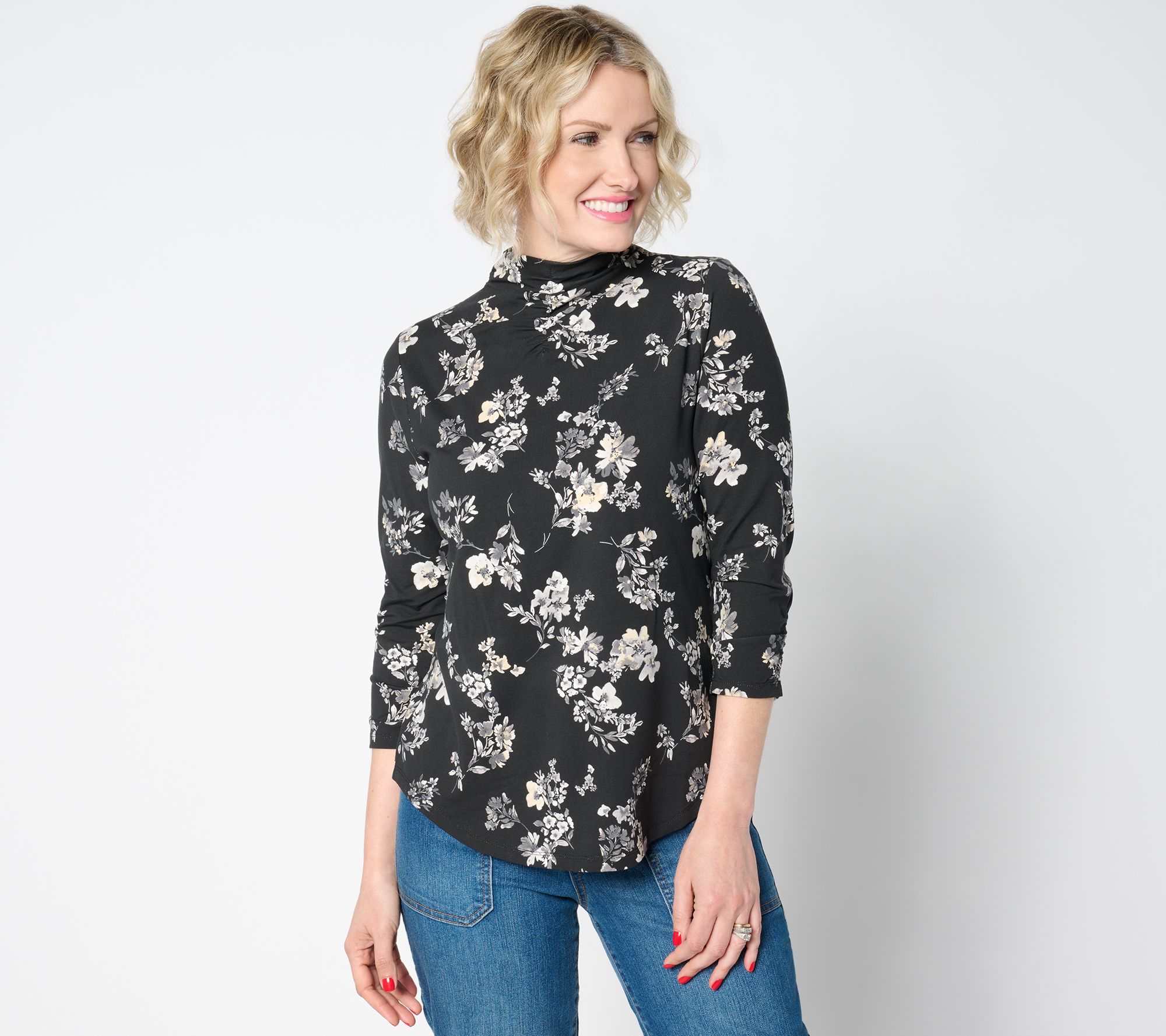 Isaac Mizrahi Live! Printed 3/4 Sleeve Mock Neck Top w/ Shirring