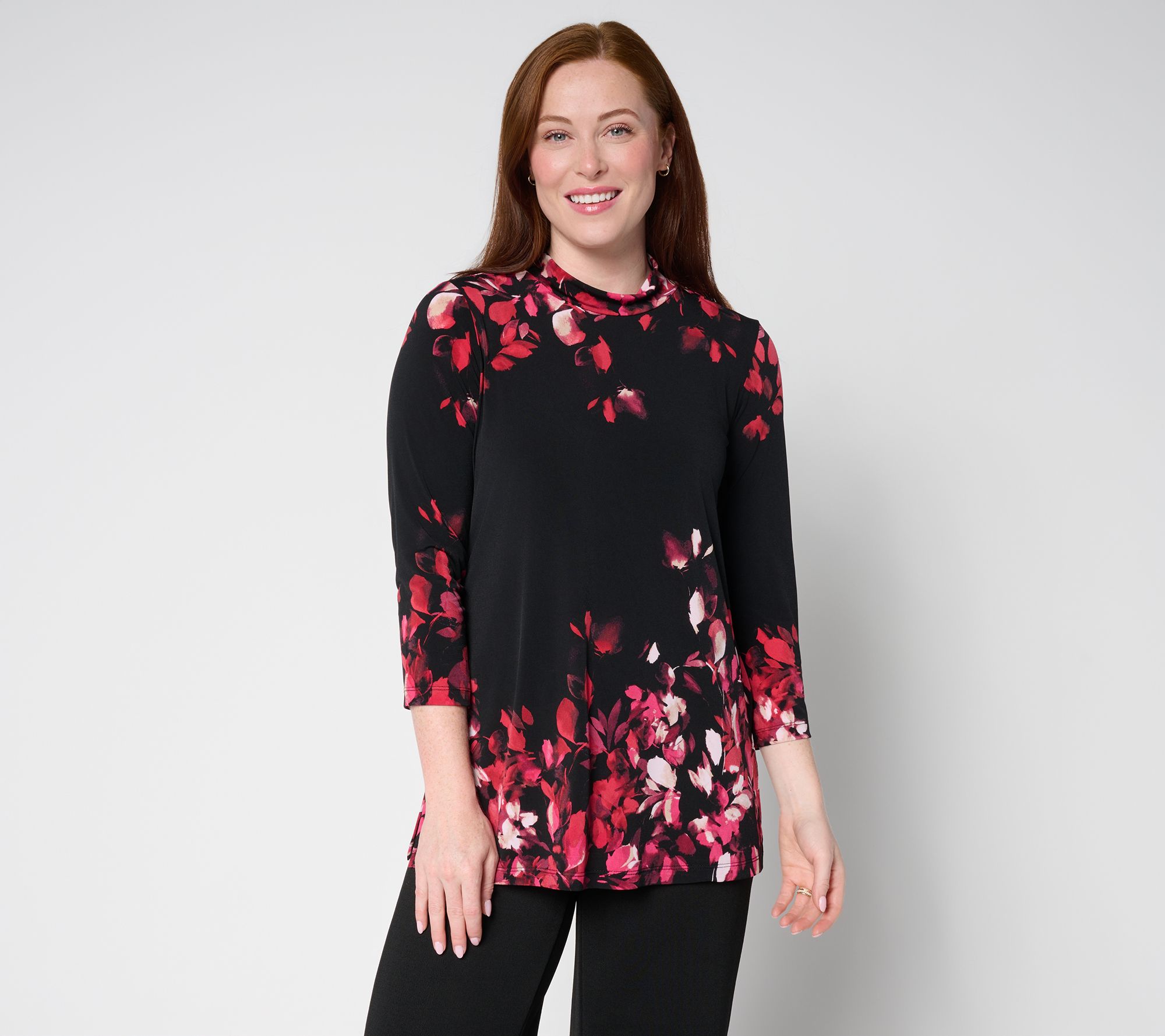 Susan Graver Petite Printed Liquid Knit 3/4 Sleeve Mock-Neck Tunic