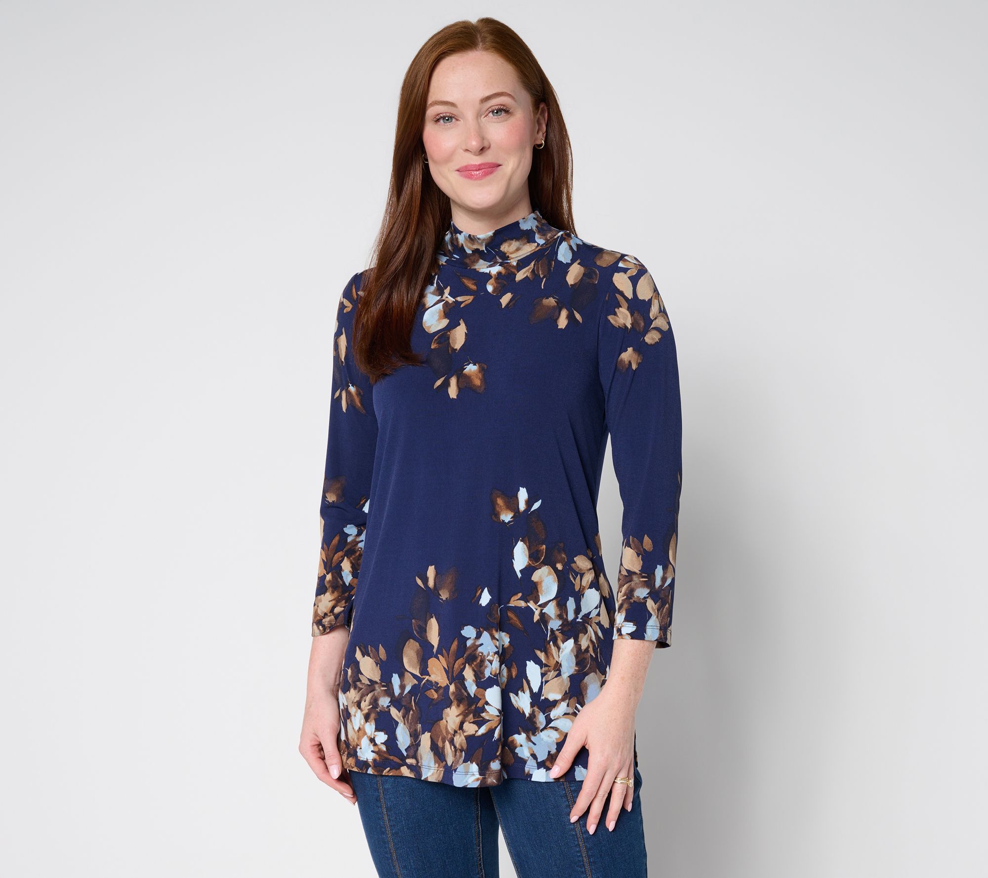 Susan Graver Petite Printed Liquid Knit 3/4 Sleeve Mock-Neck Tunic