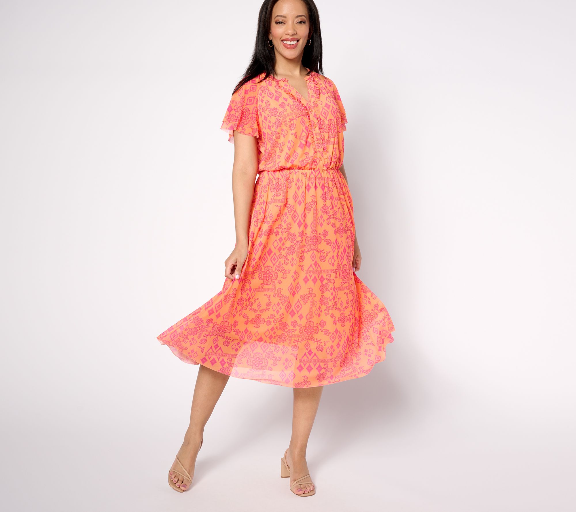 "As Is" Denim & Co. Canyon Retreat Mesh Raglan Flutter Sleeve Dress
