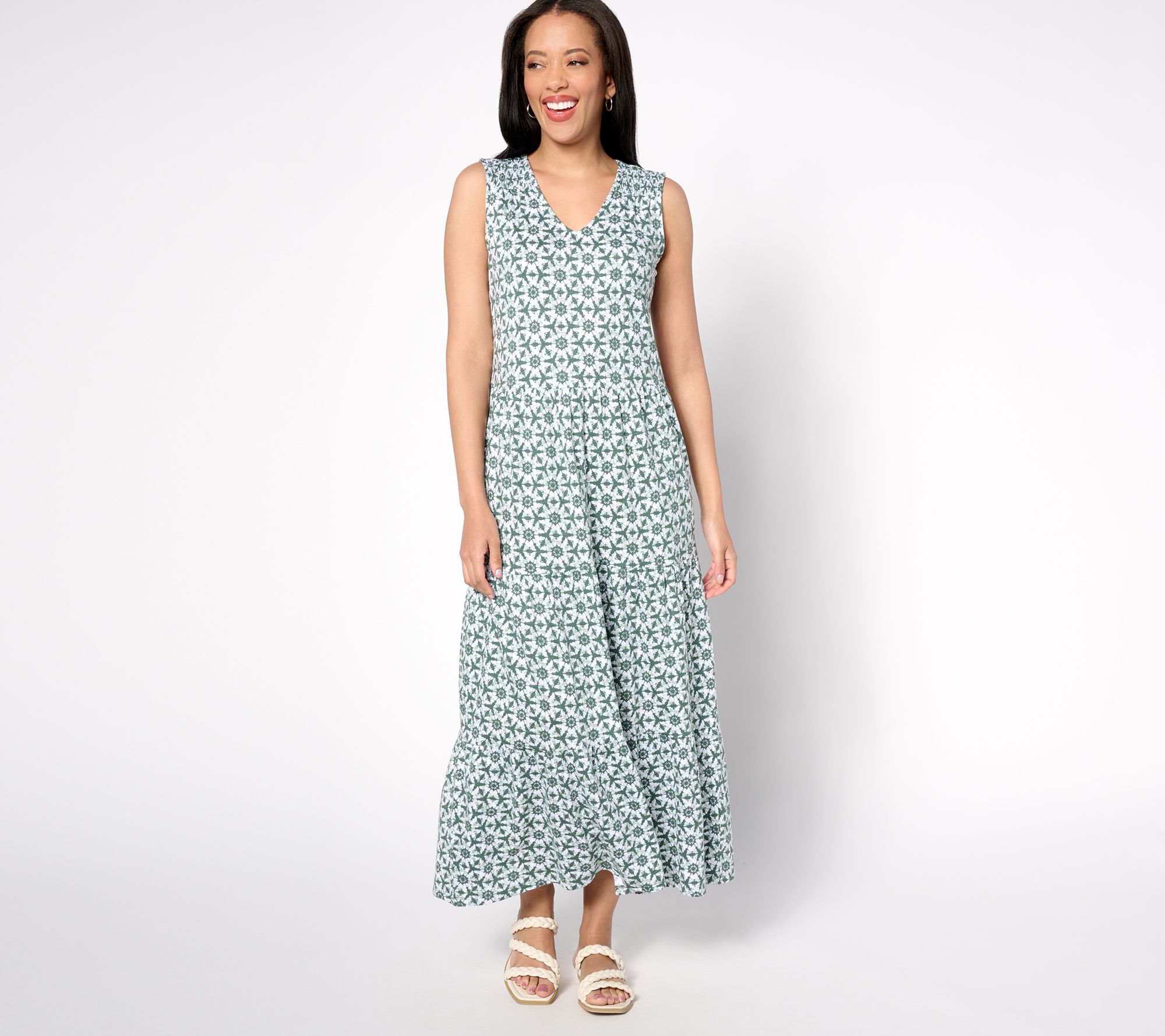 "As Is" Denim & Co. Regular Printed Linen Knit V-Neck Midi Dress