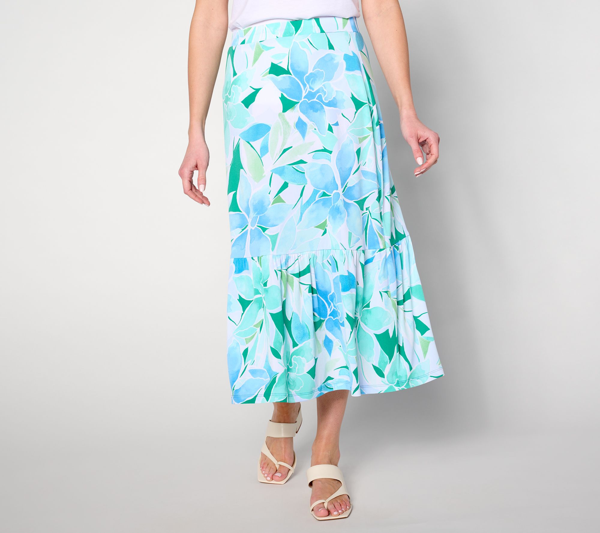 "As Is" Susan Graver Reg Printed Liquid Knit Mid Skirt w/ Tie Detail