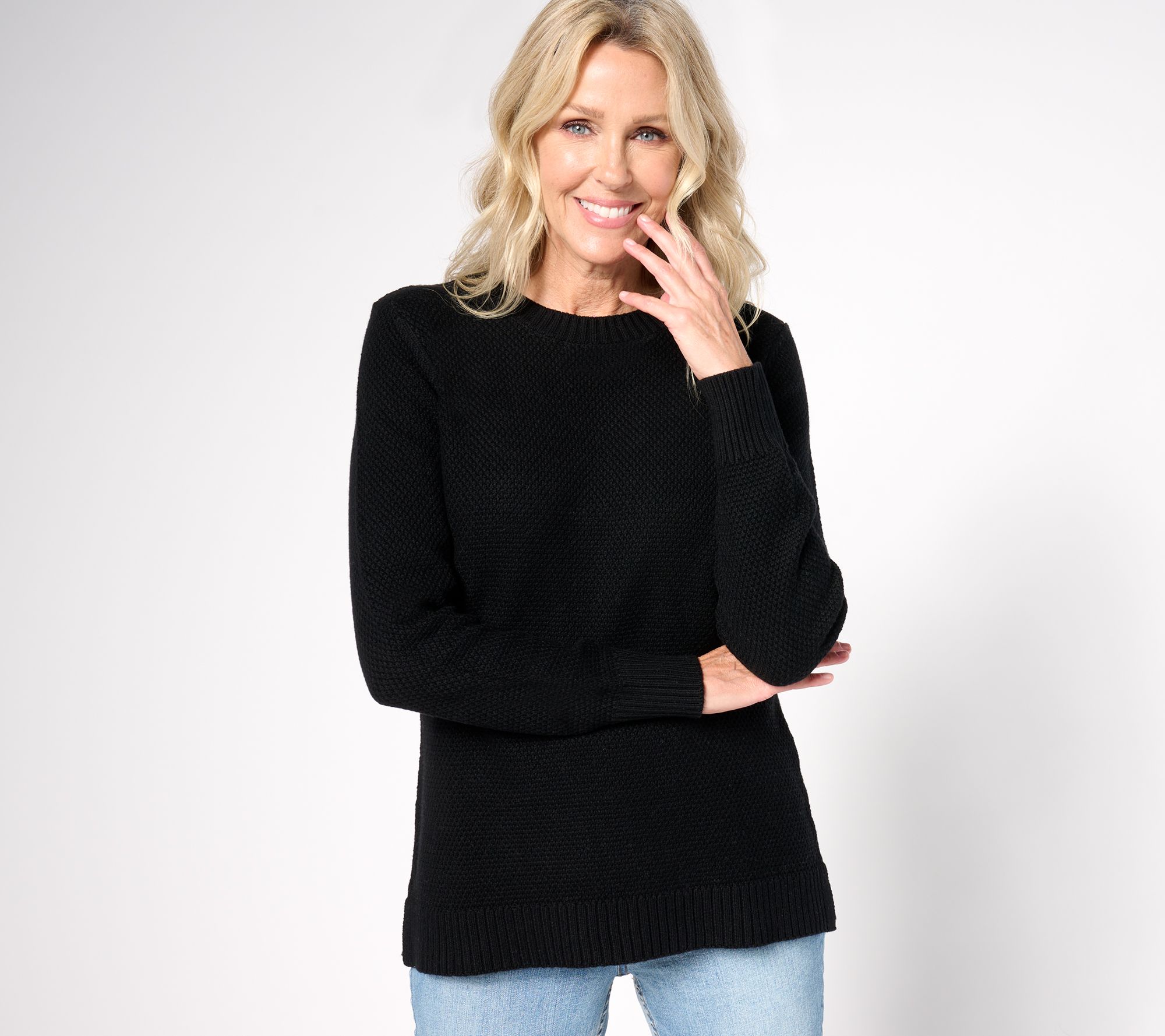 Denim & Co. Cotton Cashmere Long Sleeve Crew Neck Sweater