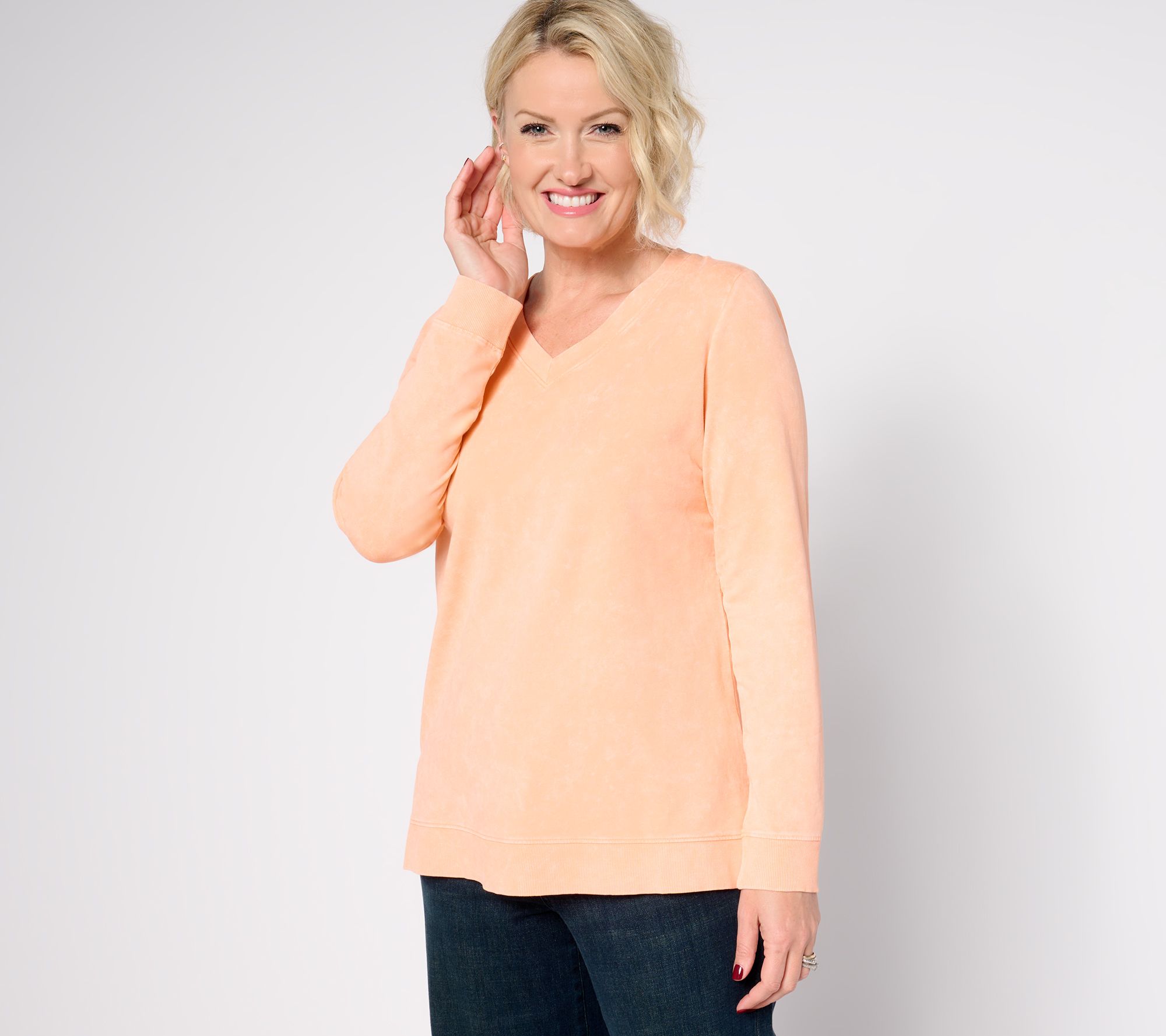 Denim & Co. Washed French Terry Long Sleeve V-Neck Pullover