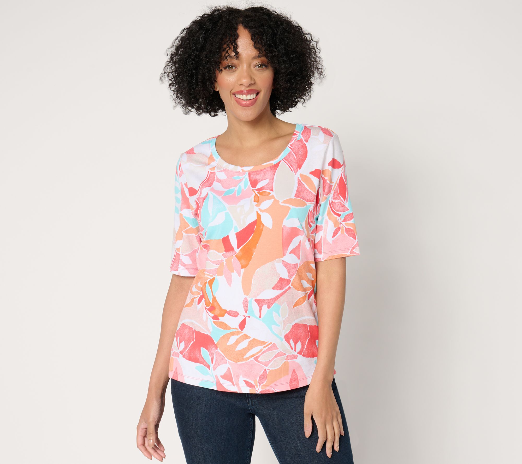 Denim & Co. Perfect Jersey Scoop Neck Elbow Sleeve Printed Top