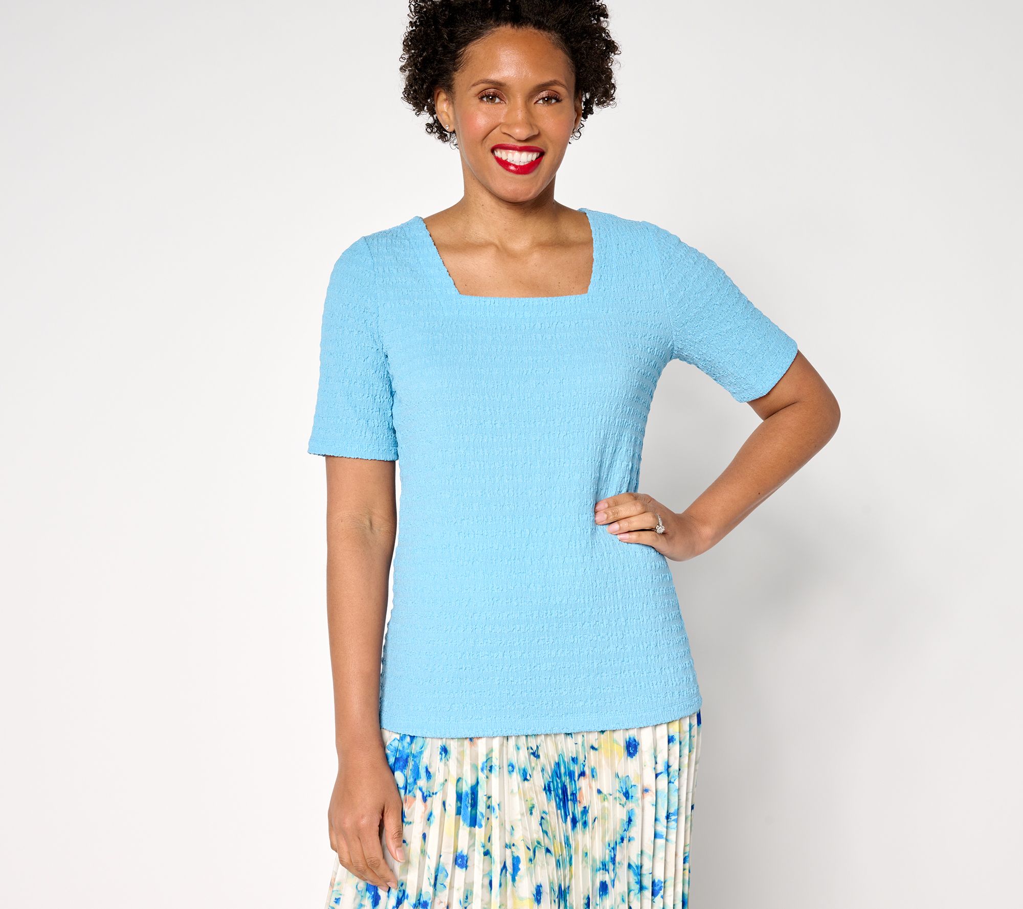 Susan Graver Textured Knit Square-Neck Short-Sleeve Top
