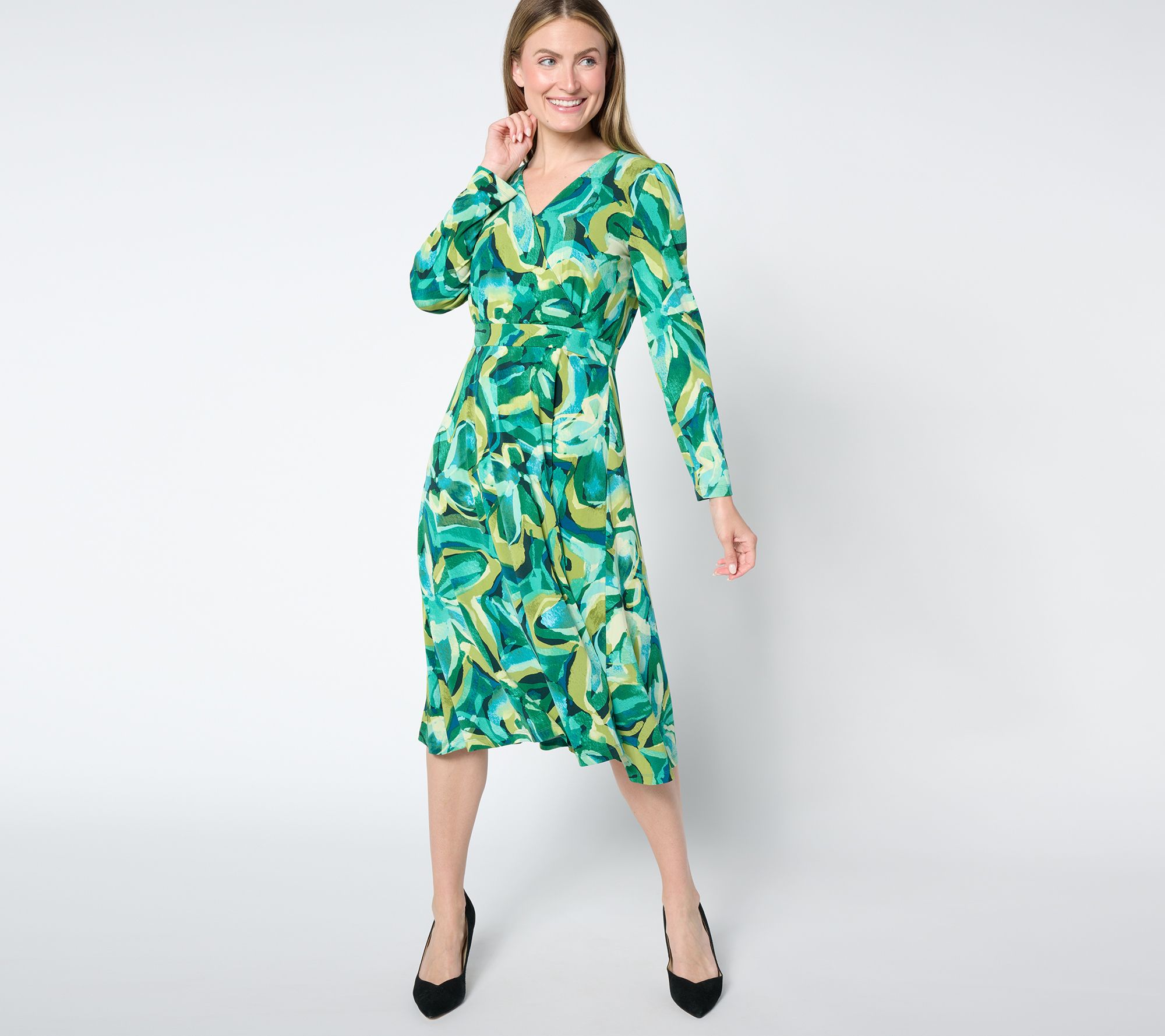"As Is" Susan Graver Petite Printed Lqiuid Knit LongSleeve Wrap Dress