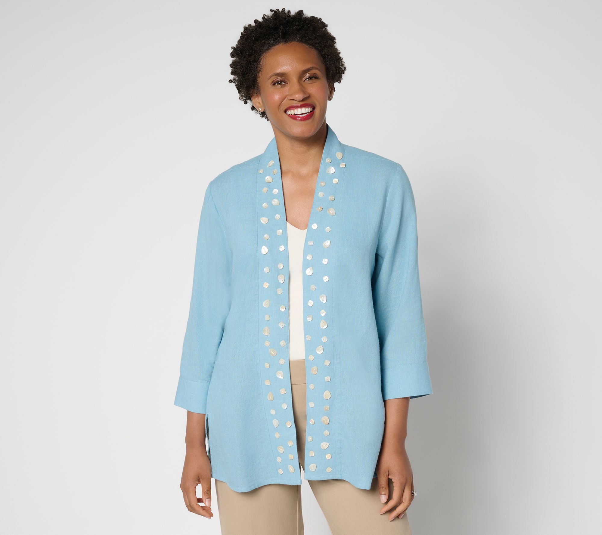 GRAVER Susan Graver Regular Linen Open Front Cardigan w/Embellishment